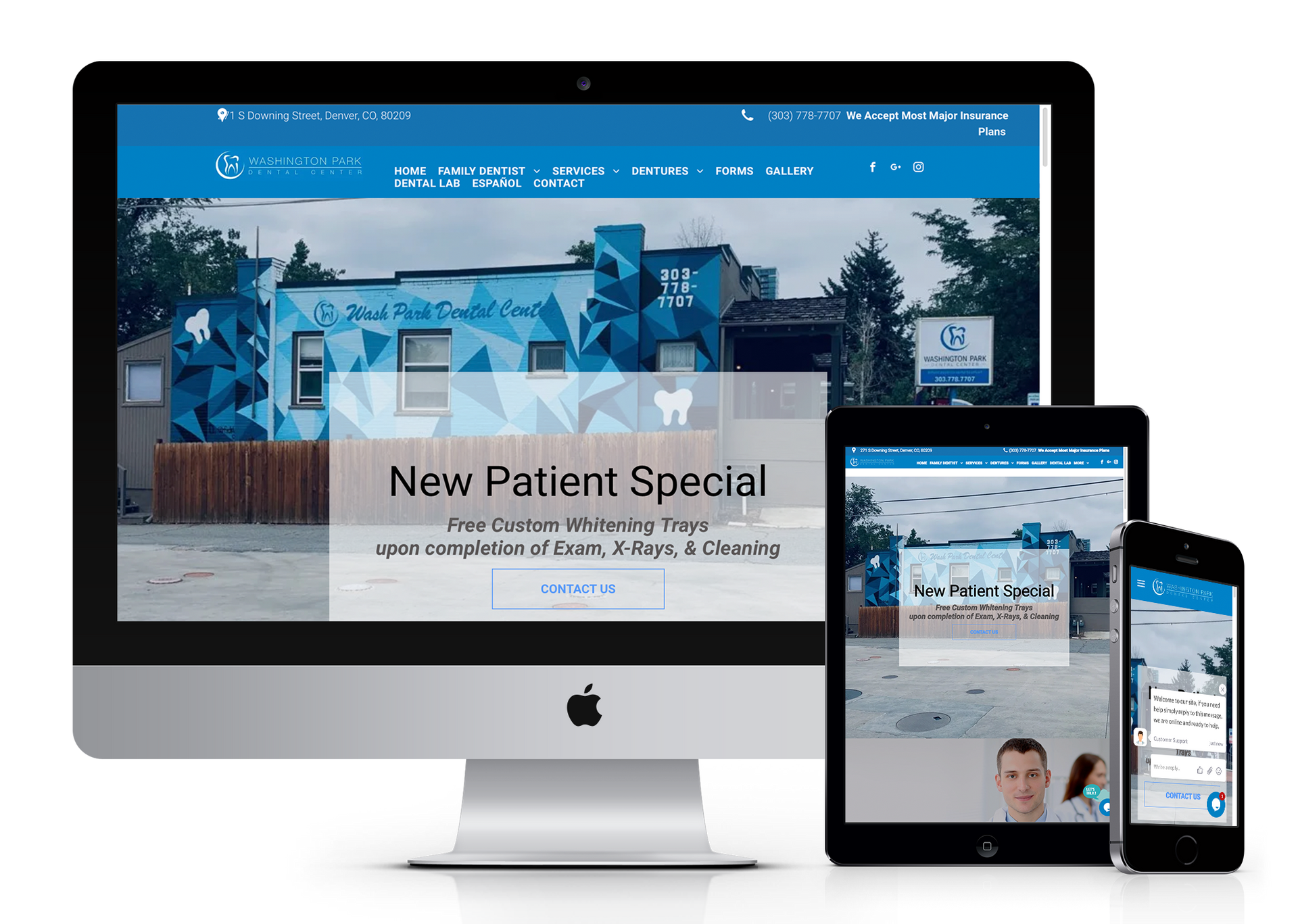 A computer , tablet , and phone are displaying a website for a dental office.