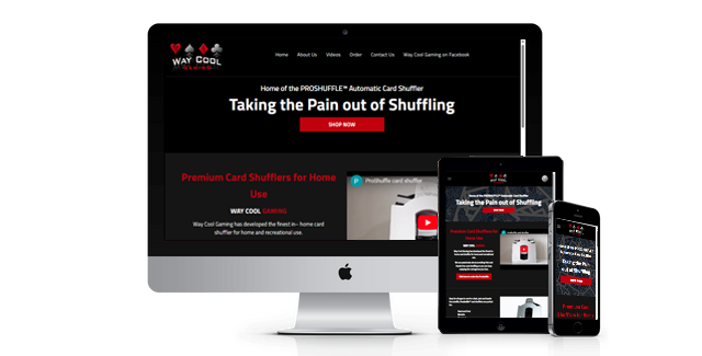 A computer monitor a tablet and a cell phone are displaying a website called taking the pain out of shuffling
