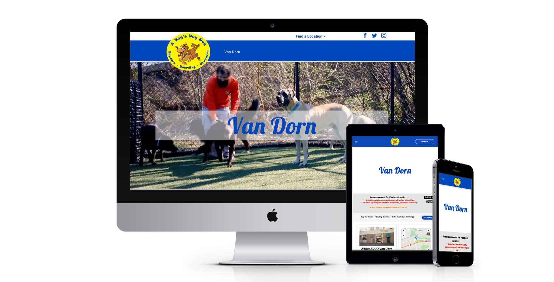 A computer , tablet , and phone are displaying a website for van dorn