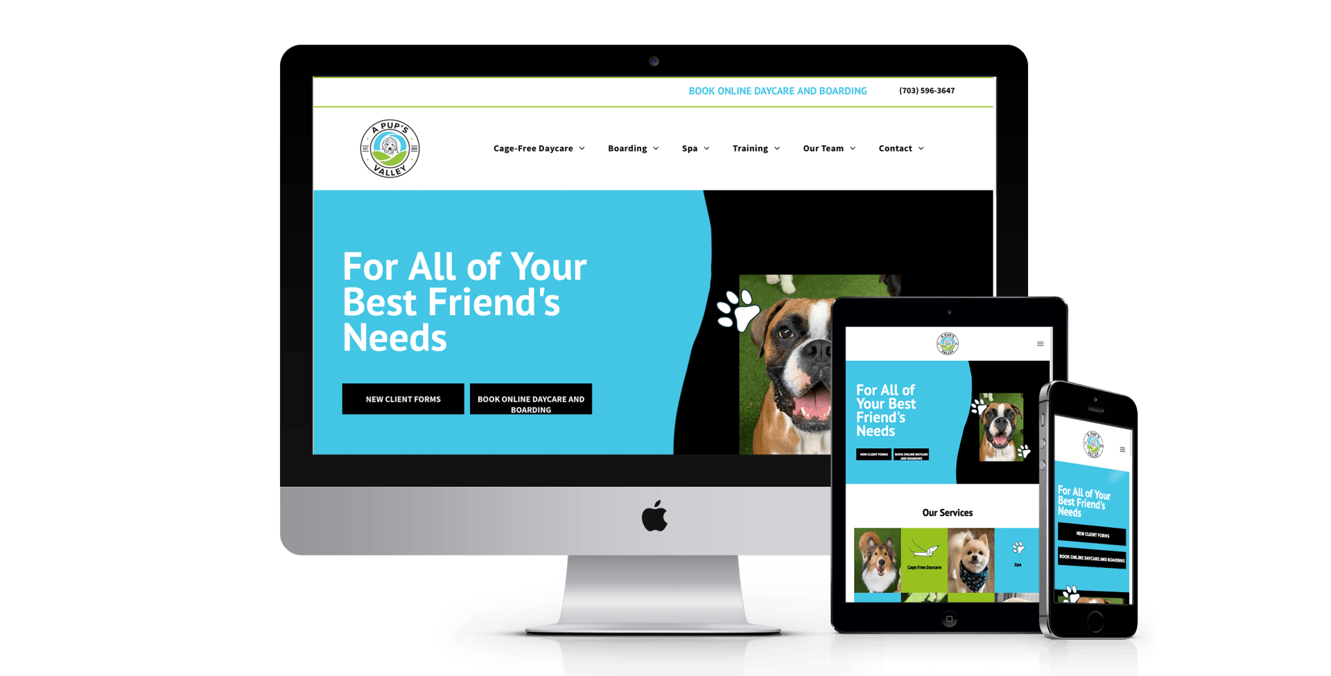 A computer , tablet , and cell phone are displaying a website for all of your best friends needs.