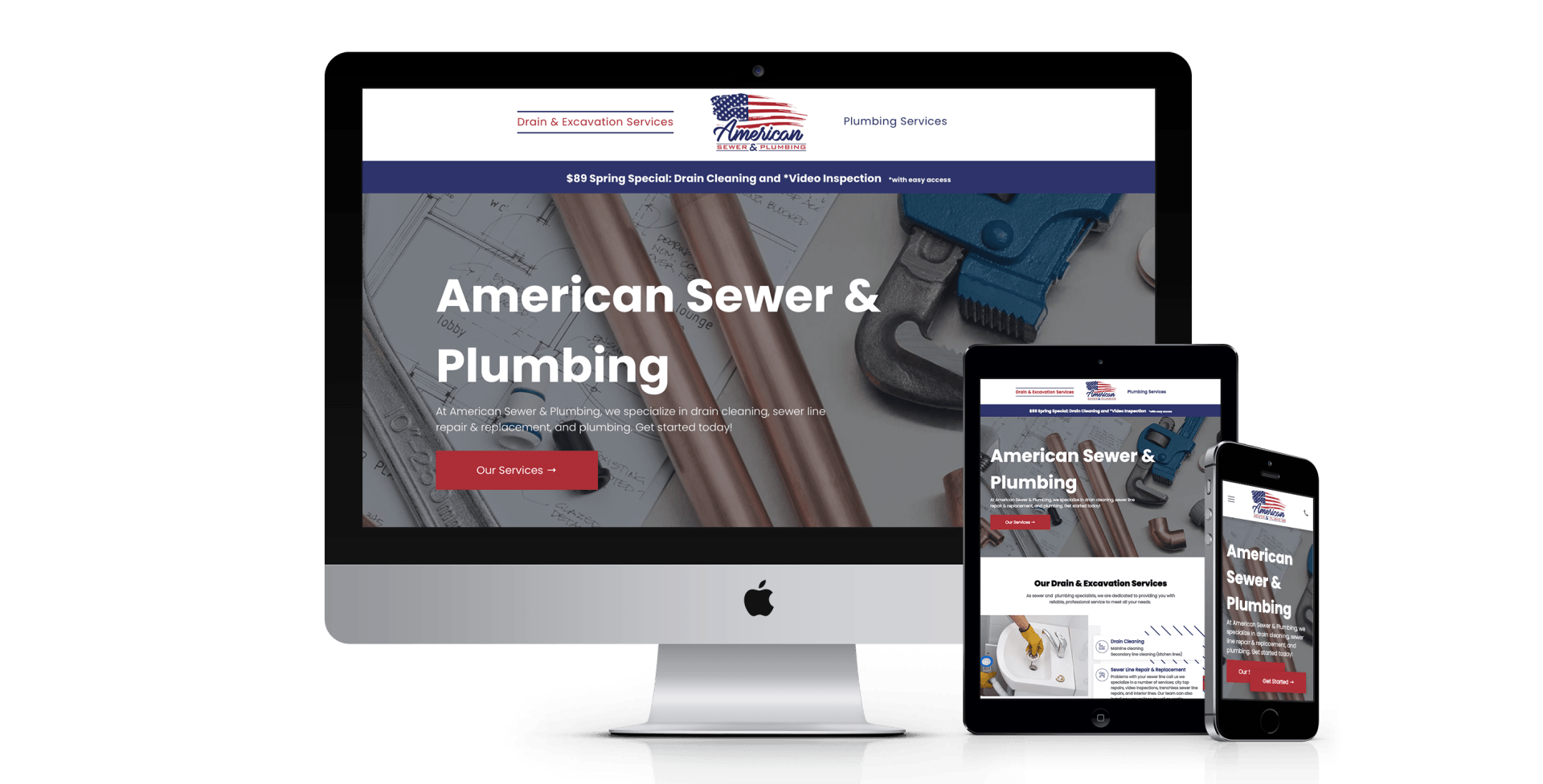 A computer , tablet , and cell phone are displaying a website for american sewer and plumbing.