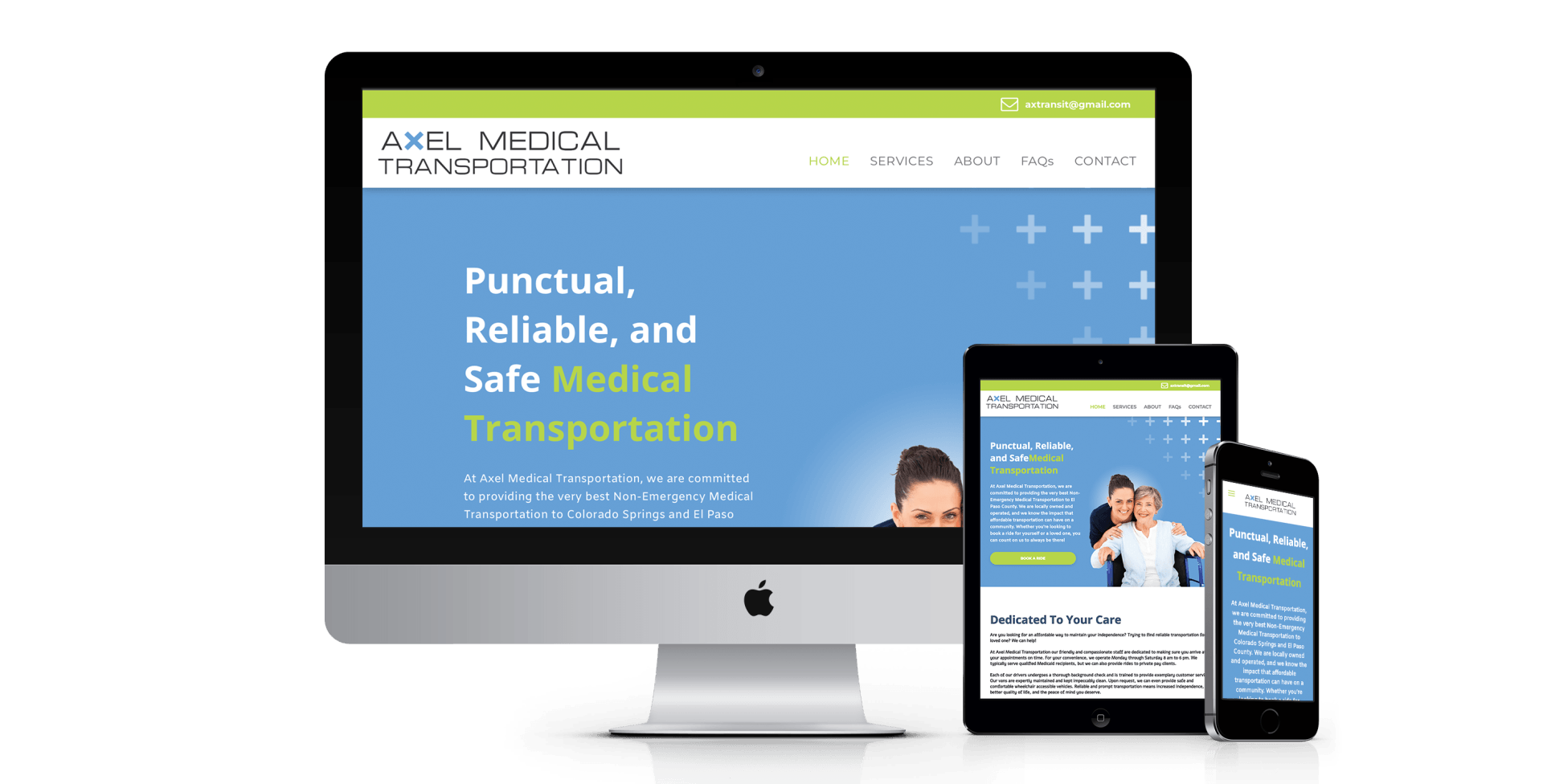 A computer , tablet , and cell phone are displaying a website for a medical transportation company.