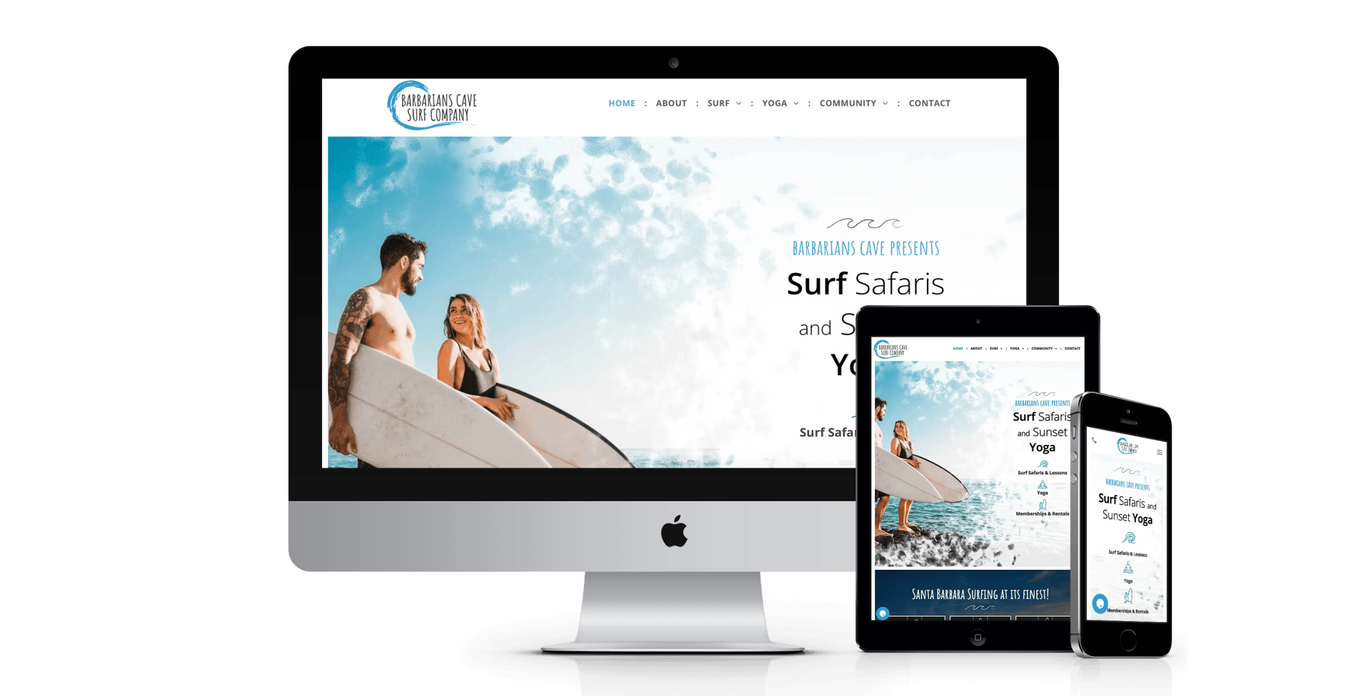 A computer , tablet , and cell phone are displaying a website.