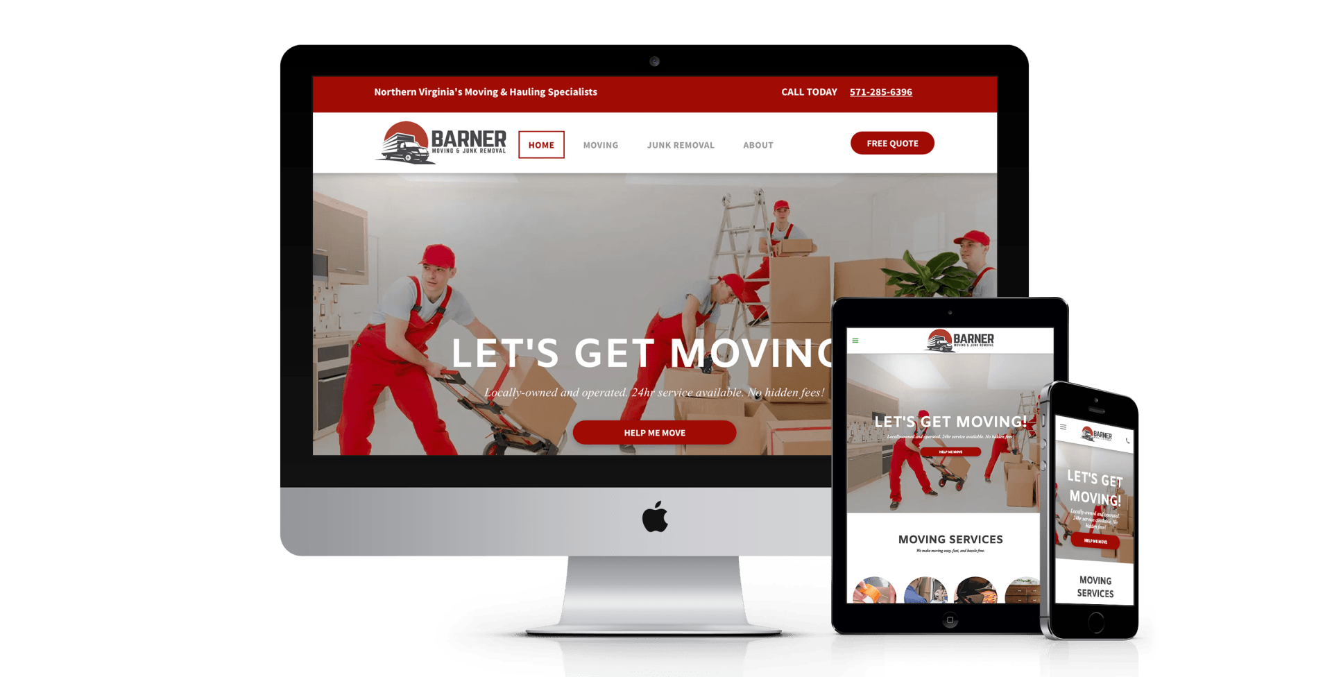 A computer , tablet , and cell phone are displaying a website for a moving company.