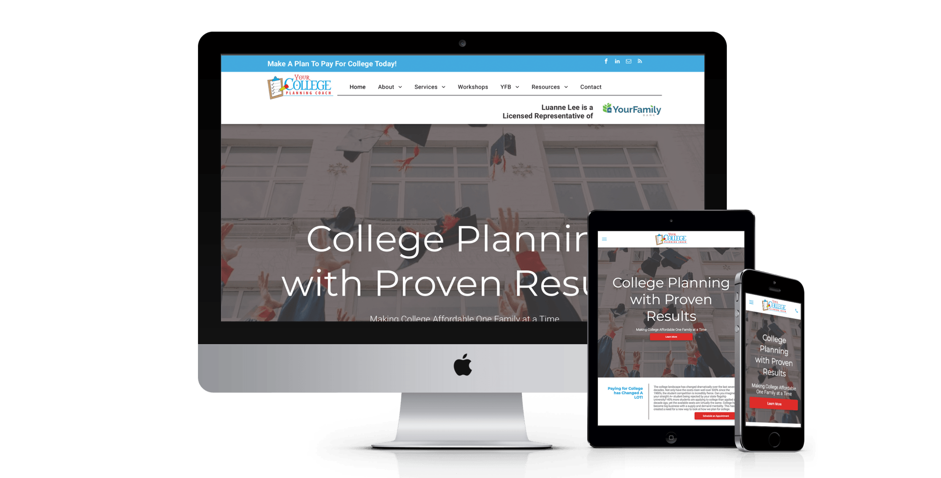 A computer , tablet , and cell phone are displaying a college planning website.