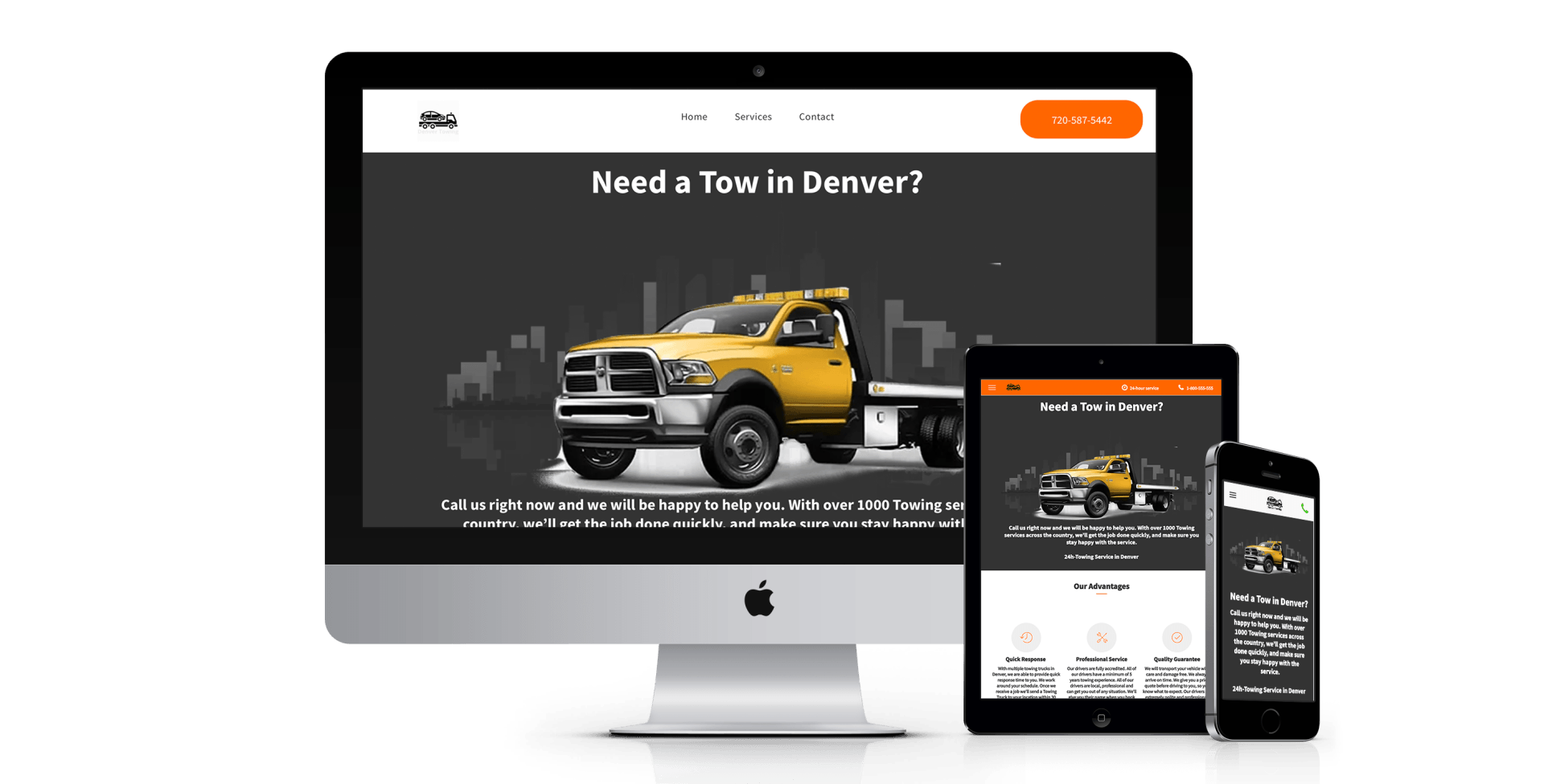 A computer , tablet , and cell phone are displaying a website for a tow truck company.