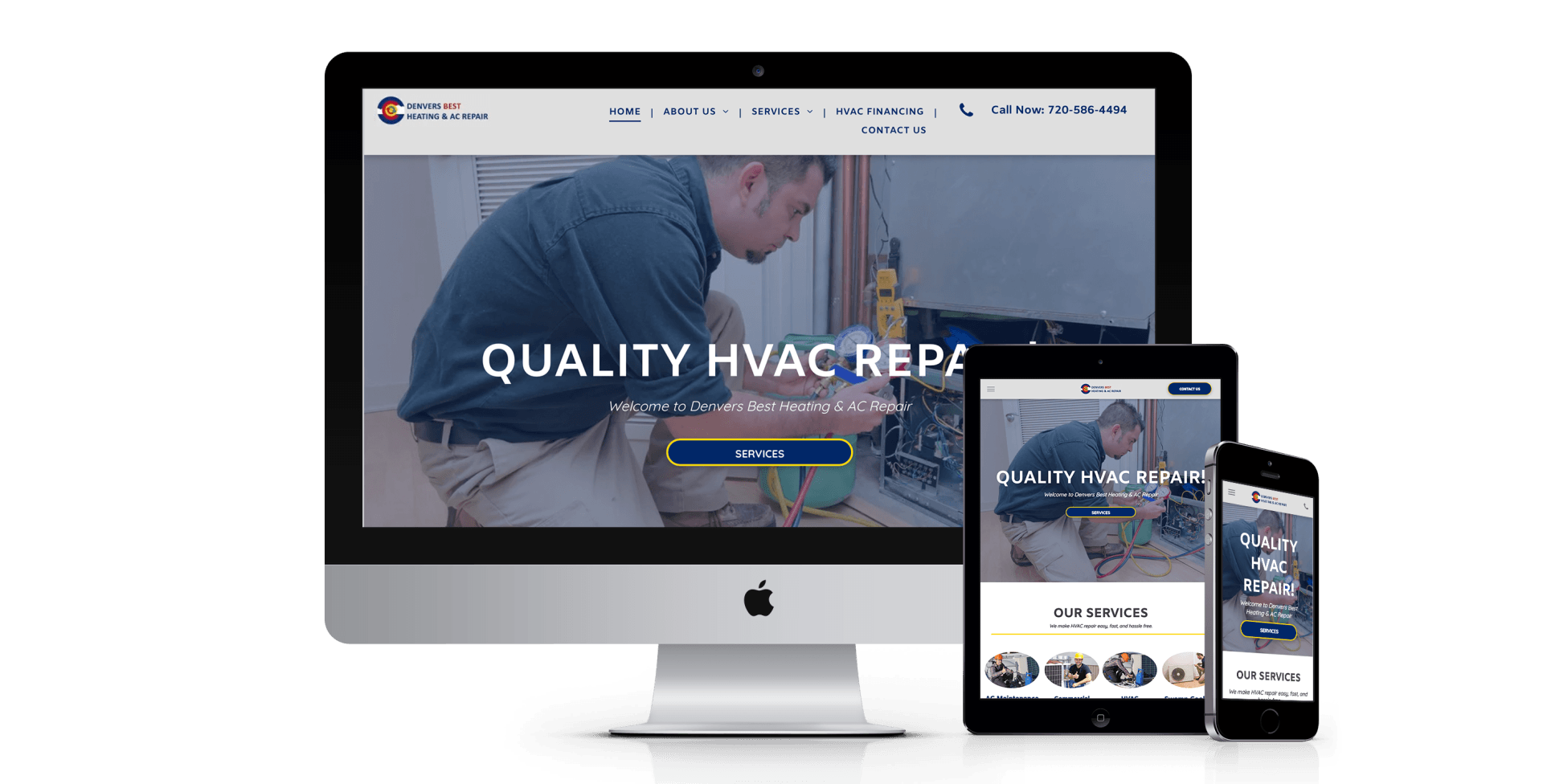 A computer , tablet , and cell phone are displaying a website for quality hvac repair.