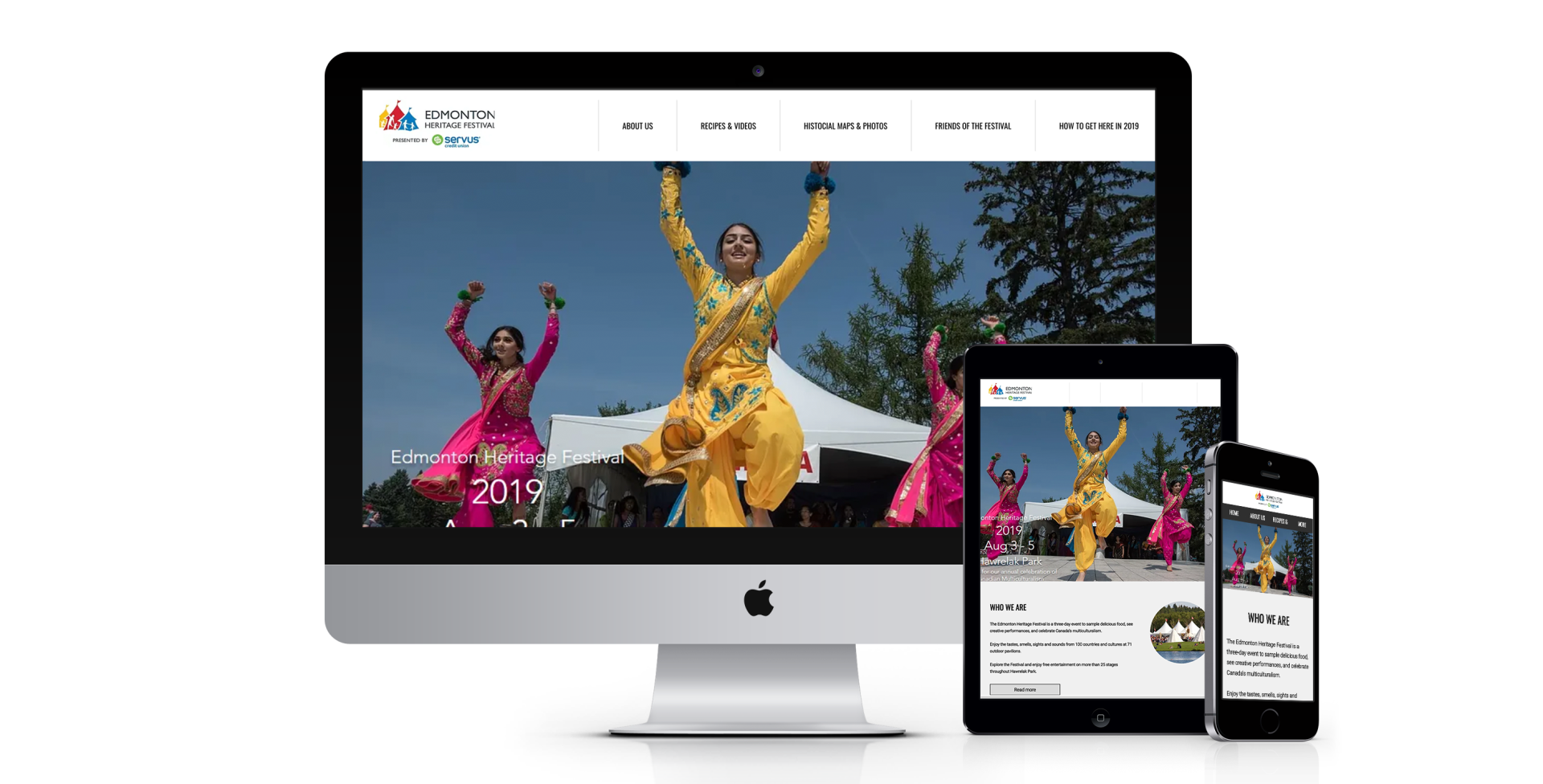 A computer monitor a tablet and a cell phone are displaying a website.