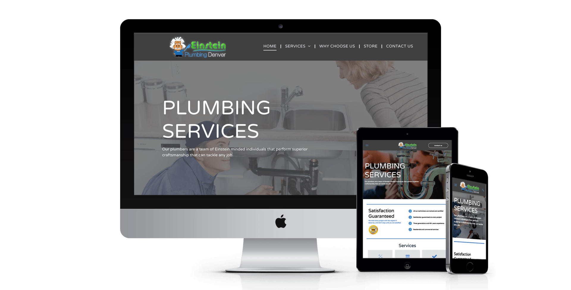 A computer , tablet , and cell phone are displaying a website for plumbing services.