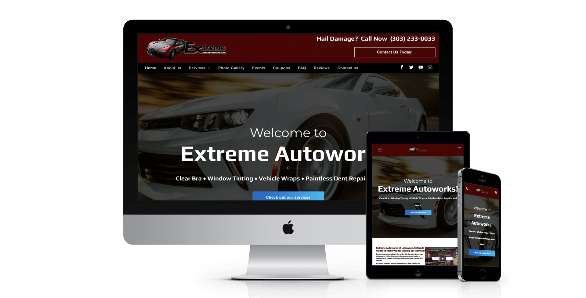 A computer , tablet , and cell phone are displaying a website for extreme autowar.