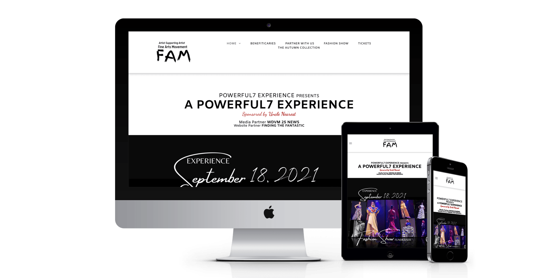 A computer monitor a tablet and a cell phone are displaying a powerful experience website