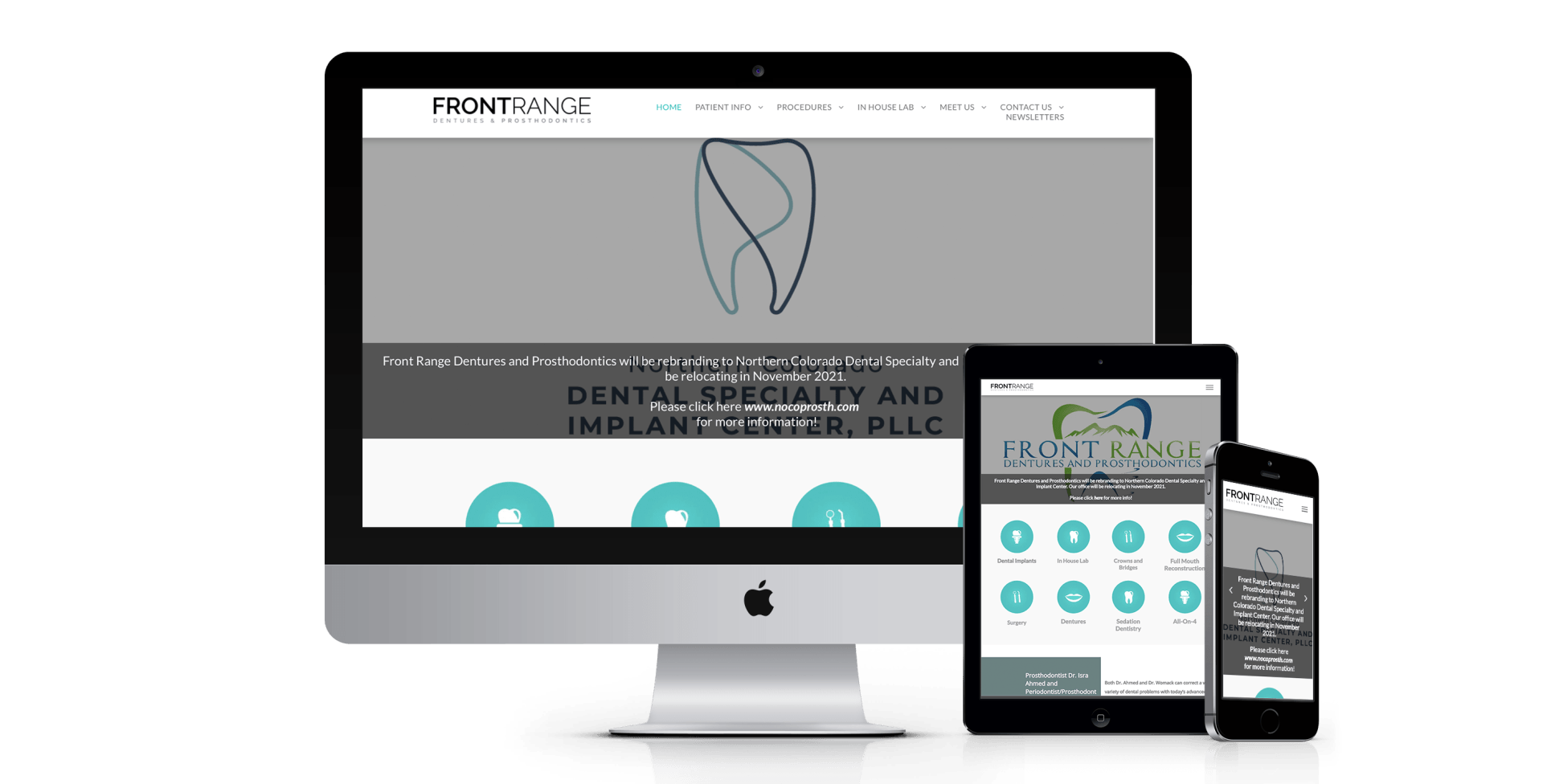 A computer , tablet , and cell phone are displaying a dental website.