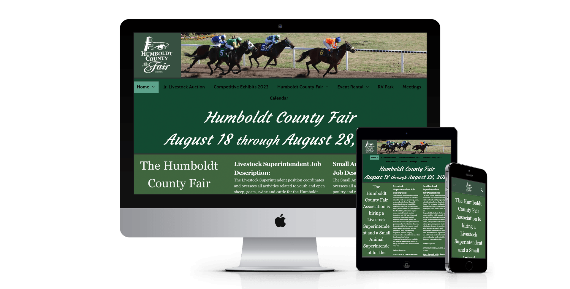 A computer monitor a tablet and a cell phone are displaying a horse race website.