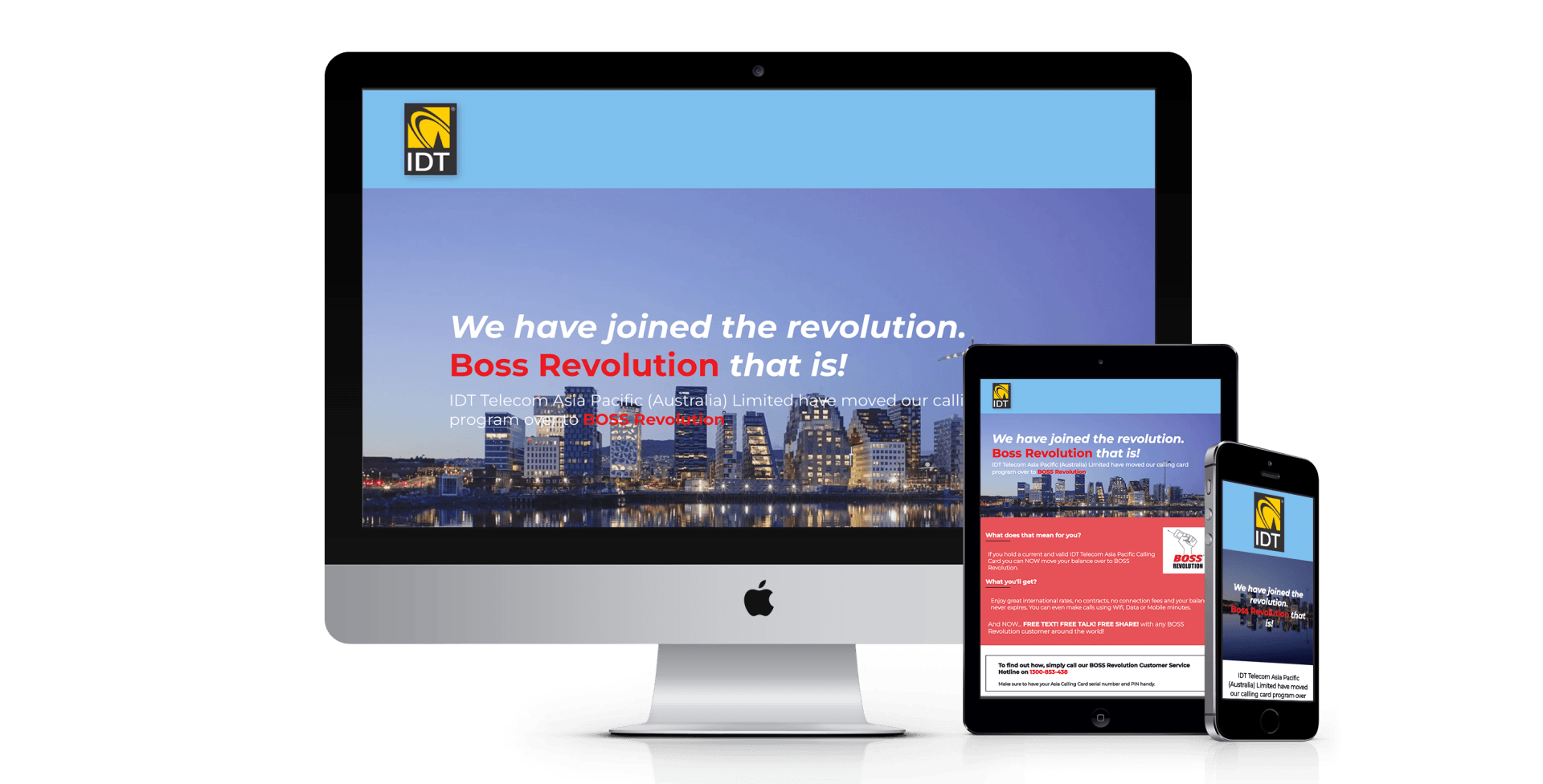 A computer monitor a tablet and a cell phone are displaying a website.