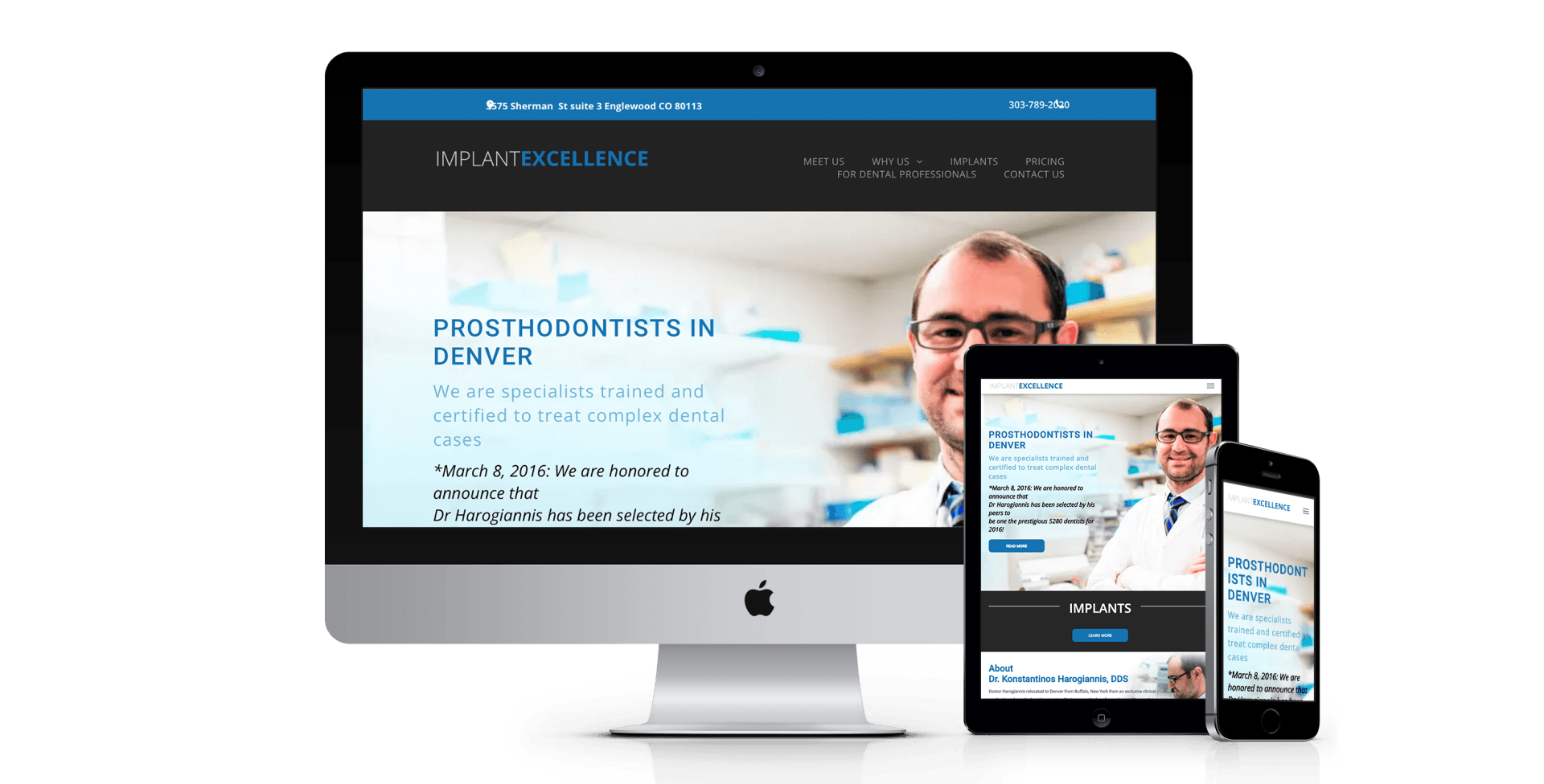 A computer monitor a tablet and a cell phone are displaying a website.