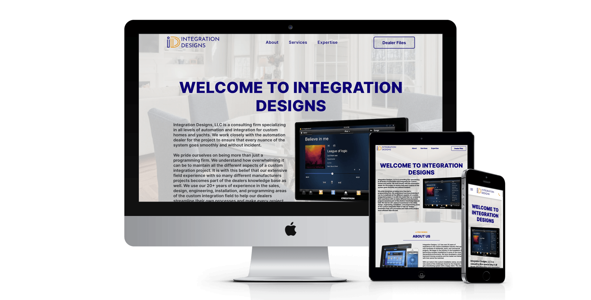 A computer , tablet , and phone are displaying a welcome to integration designs website.