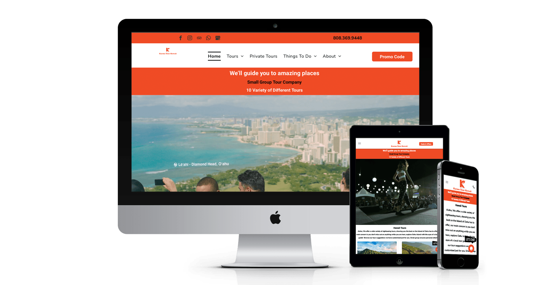 A computer monitor a tablet and a cell phone are displaying a website.