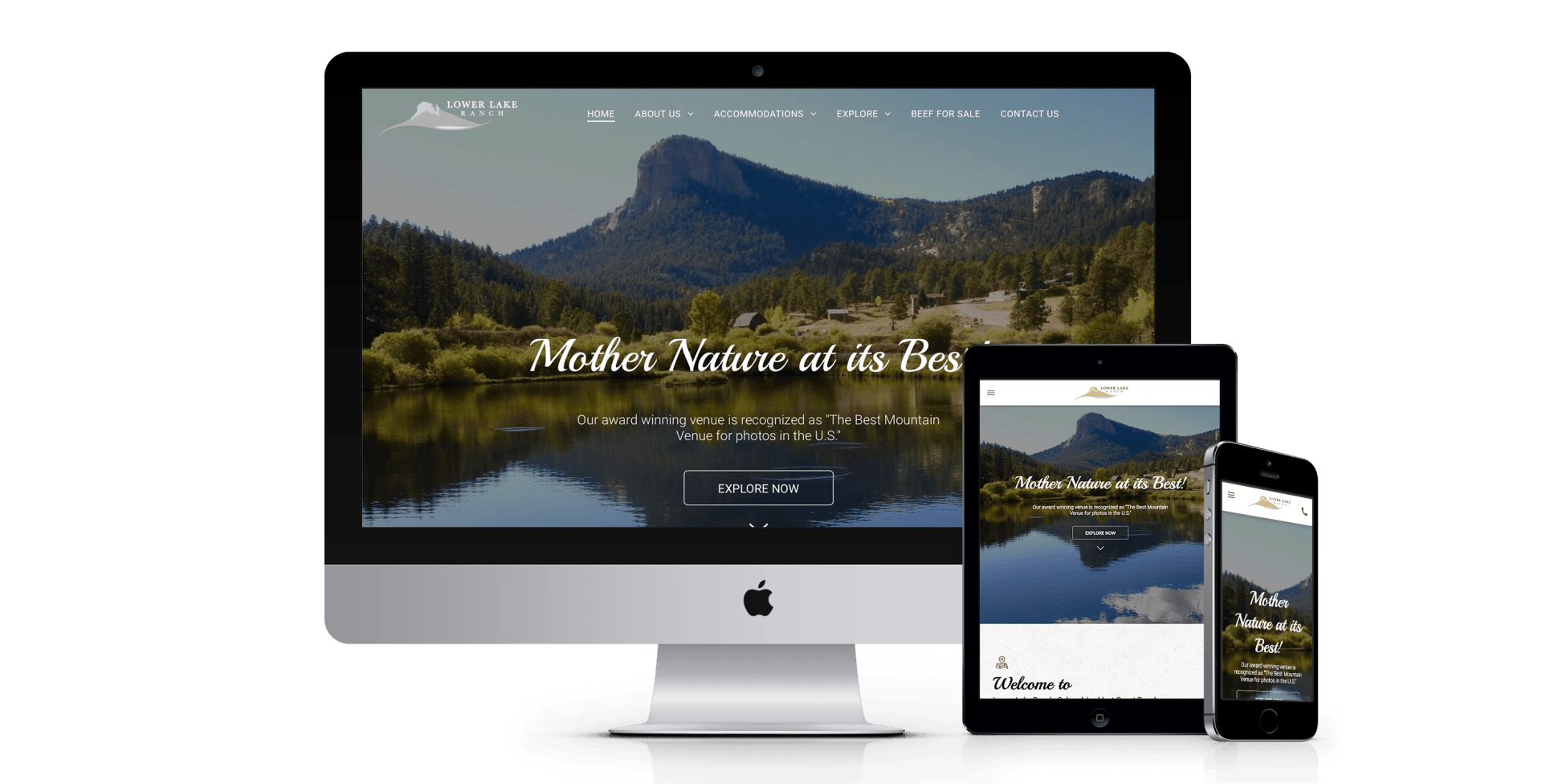 A computer , tablet , and cell phone are displaying a website.