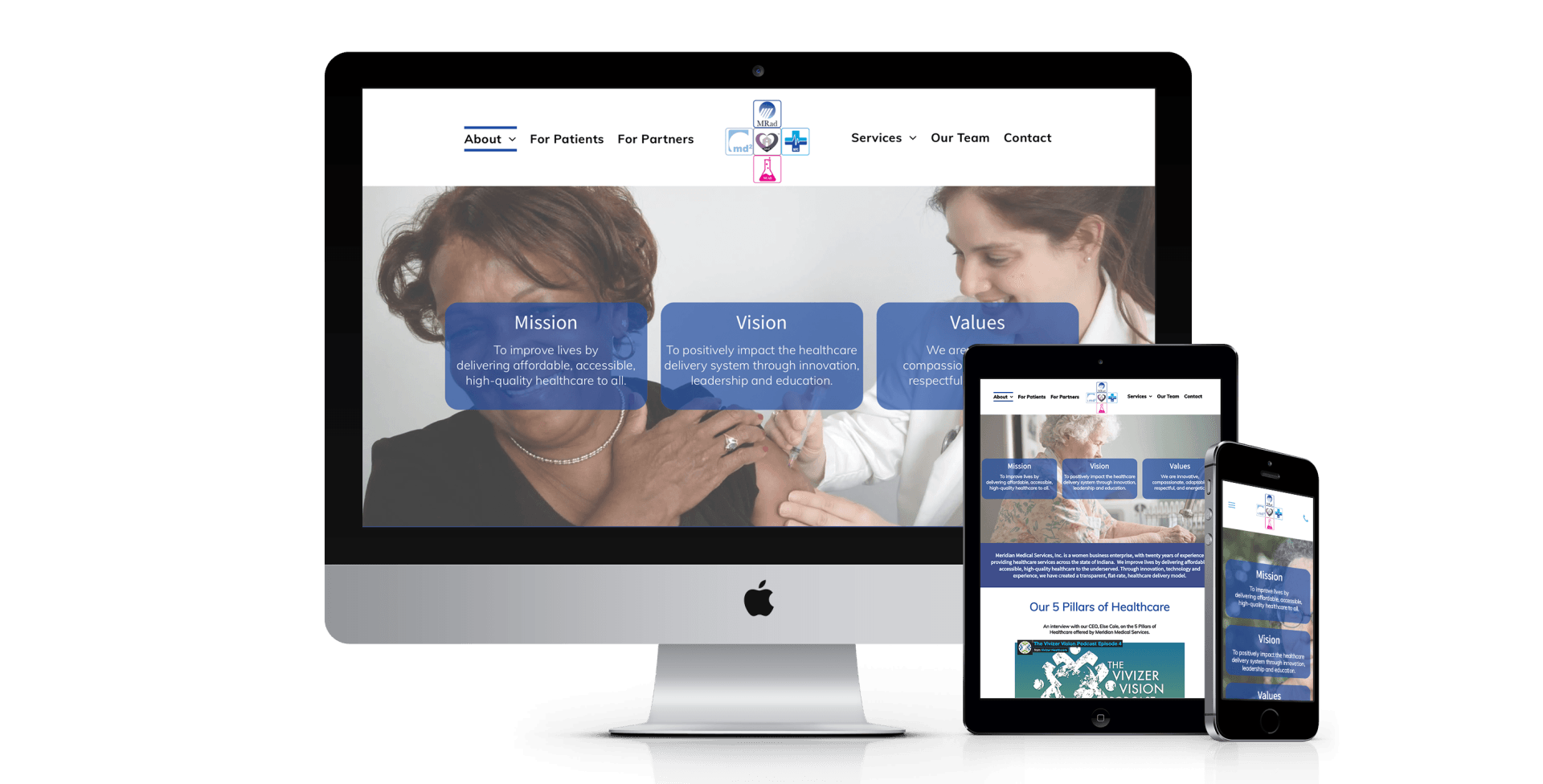 A computer , tablet , and cell phone are displaying a website.