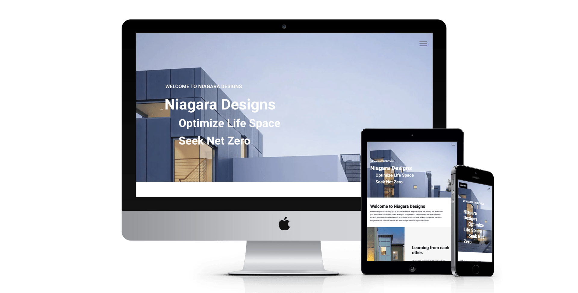 A computer , tablet , and cell phone are displaying a website.