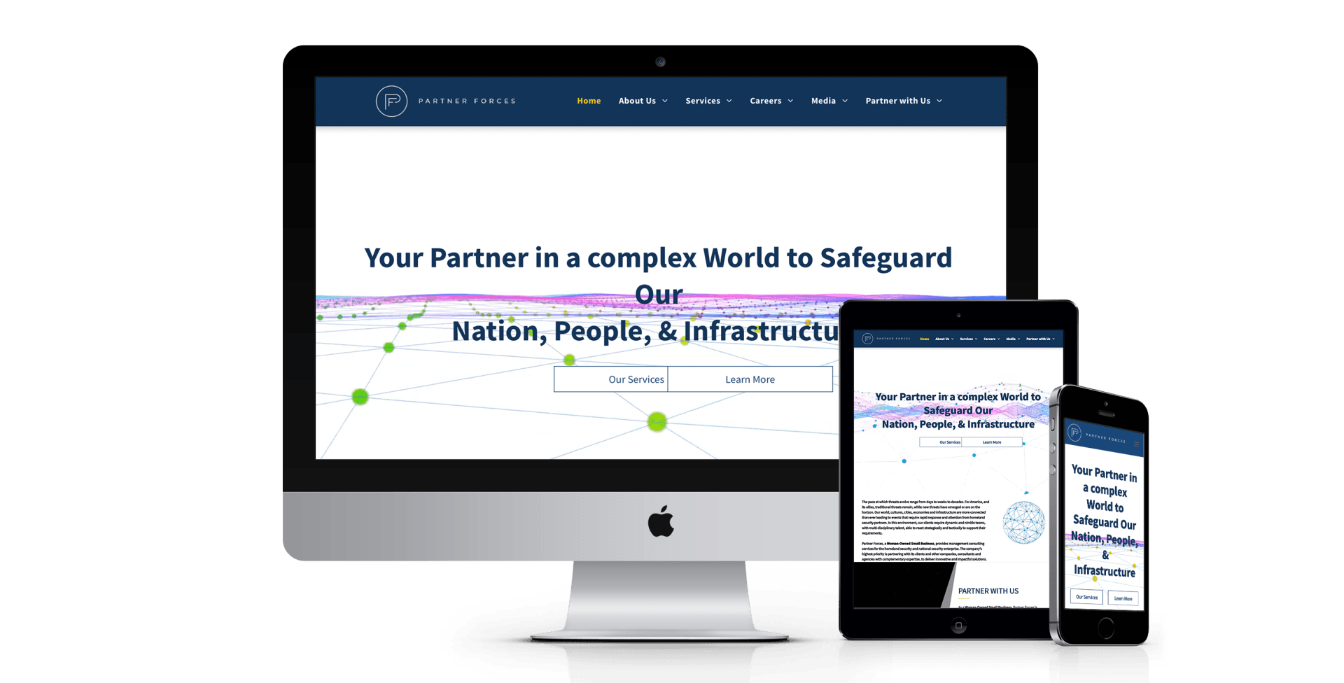 A computer , tablet , and cell phone are displaying a website.
