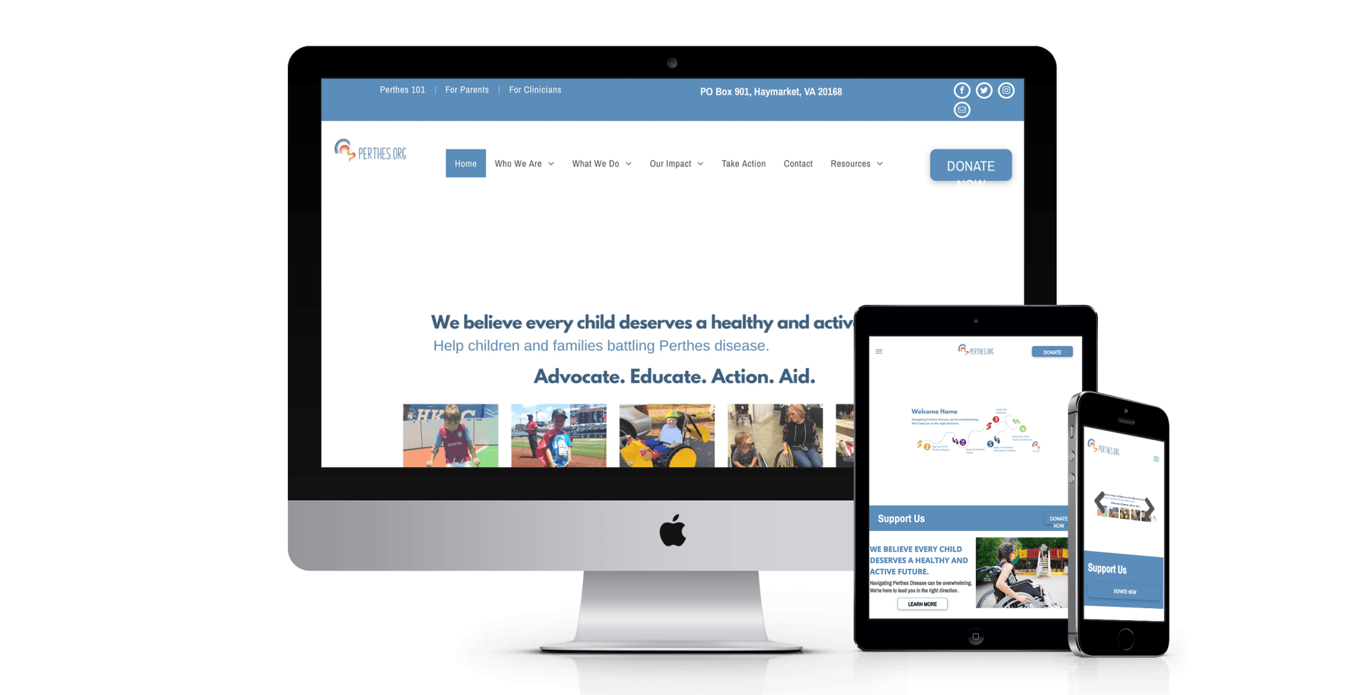 A computer , tablet , and cell phone are displaying a website.