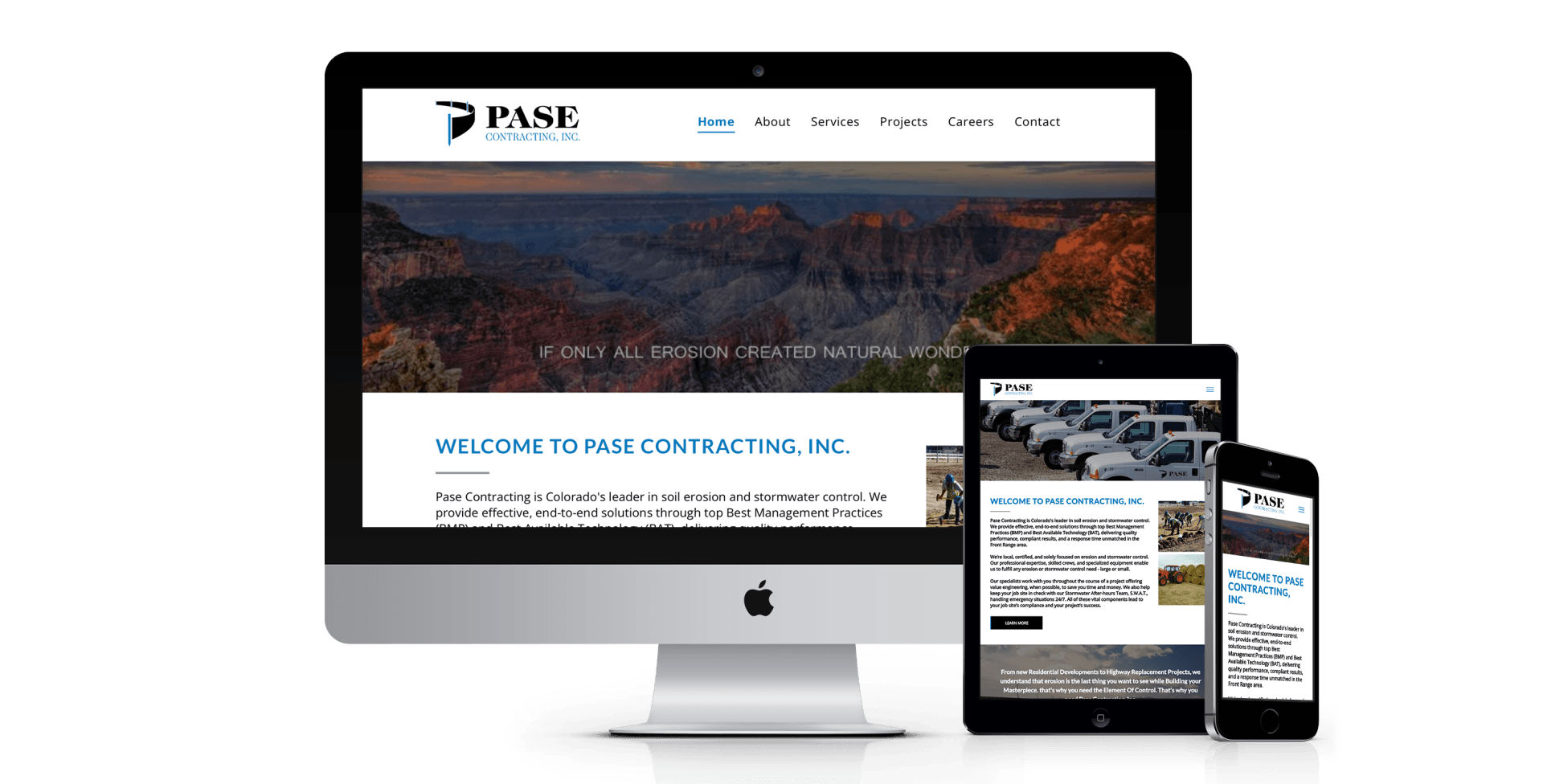 A computer , tablet , and cell phone are displaying a website.