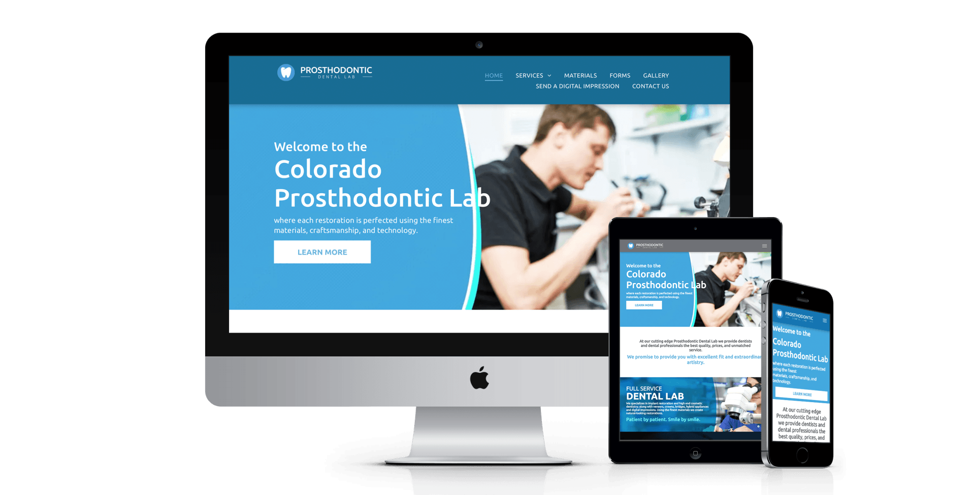 A computer , tablet , and phone are displaying a website for colorado prosthodontic lab.