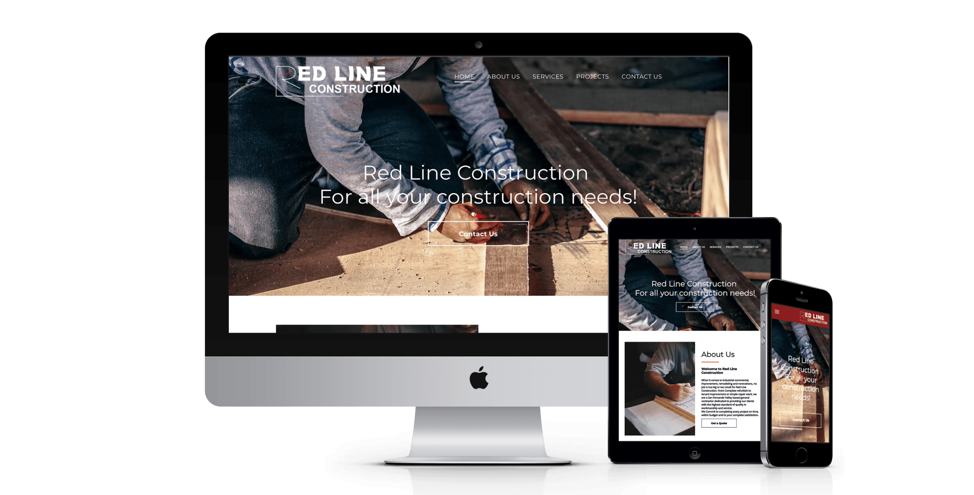 A computer , tablet , and cell phone are displaying a website.