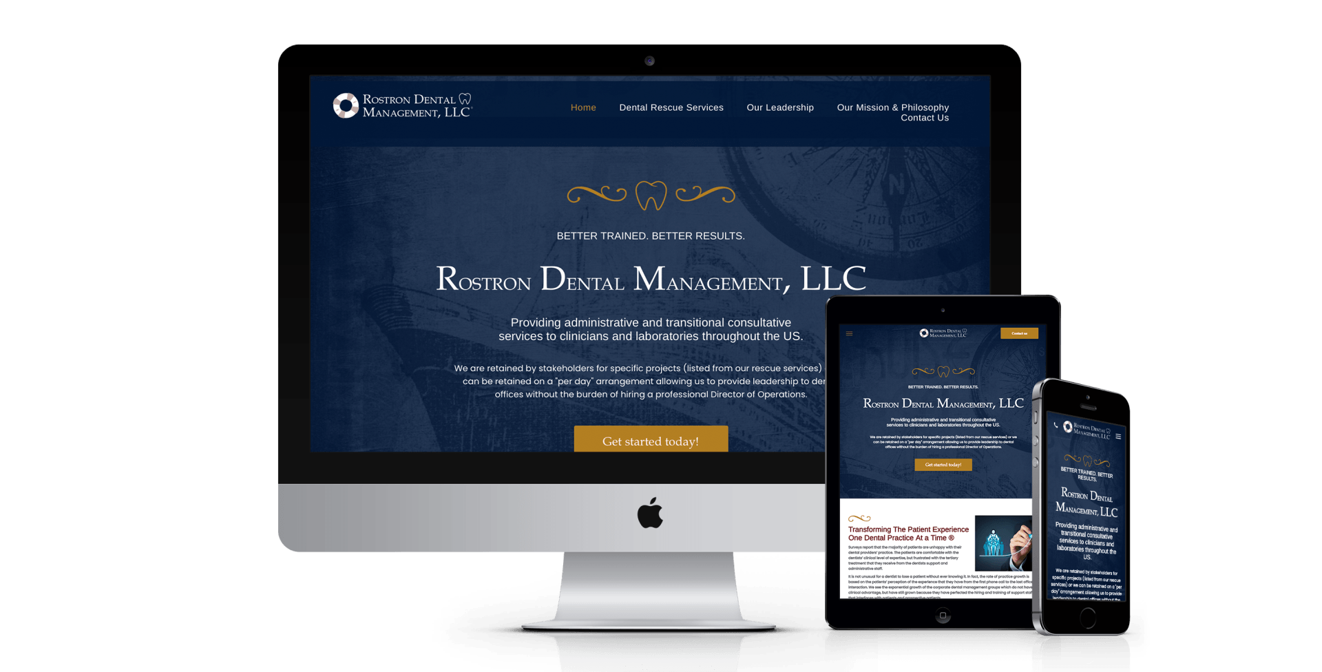 A computer monitor , tablet , and cell phone are displaying a website.