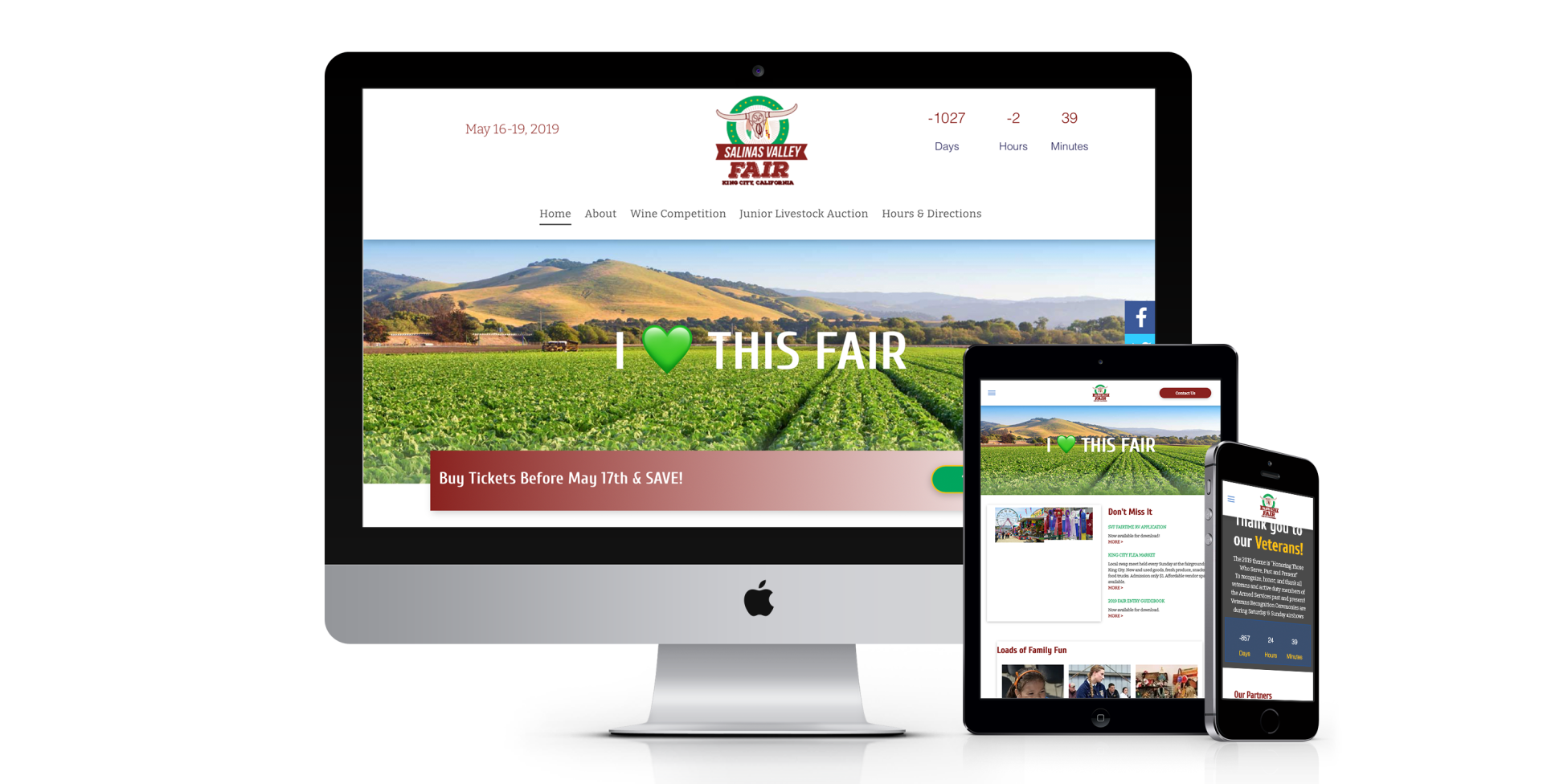 A computer monitor a tablet and a cell phone are displaying a website that says i love this fair