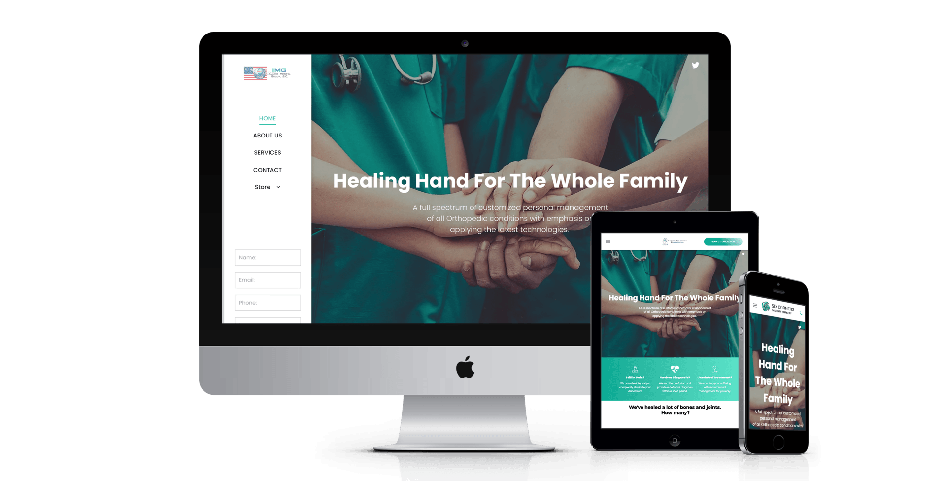 A computer , tablet , and cell phone are displaying a website.