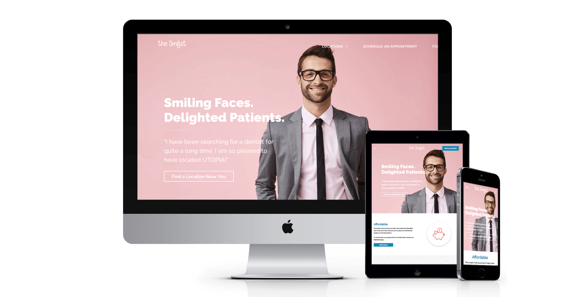 A man in a suit is smiling on a website on a computer , tablet , and phone.
