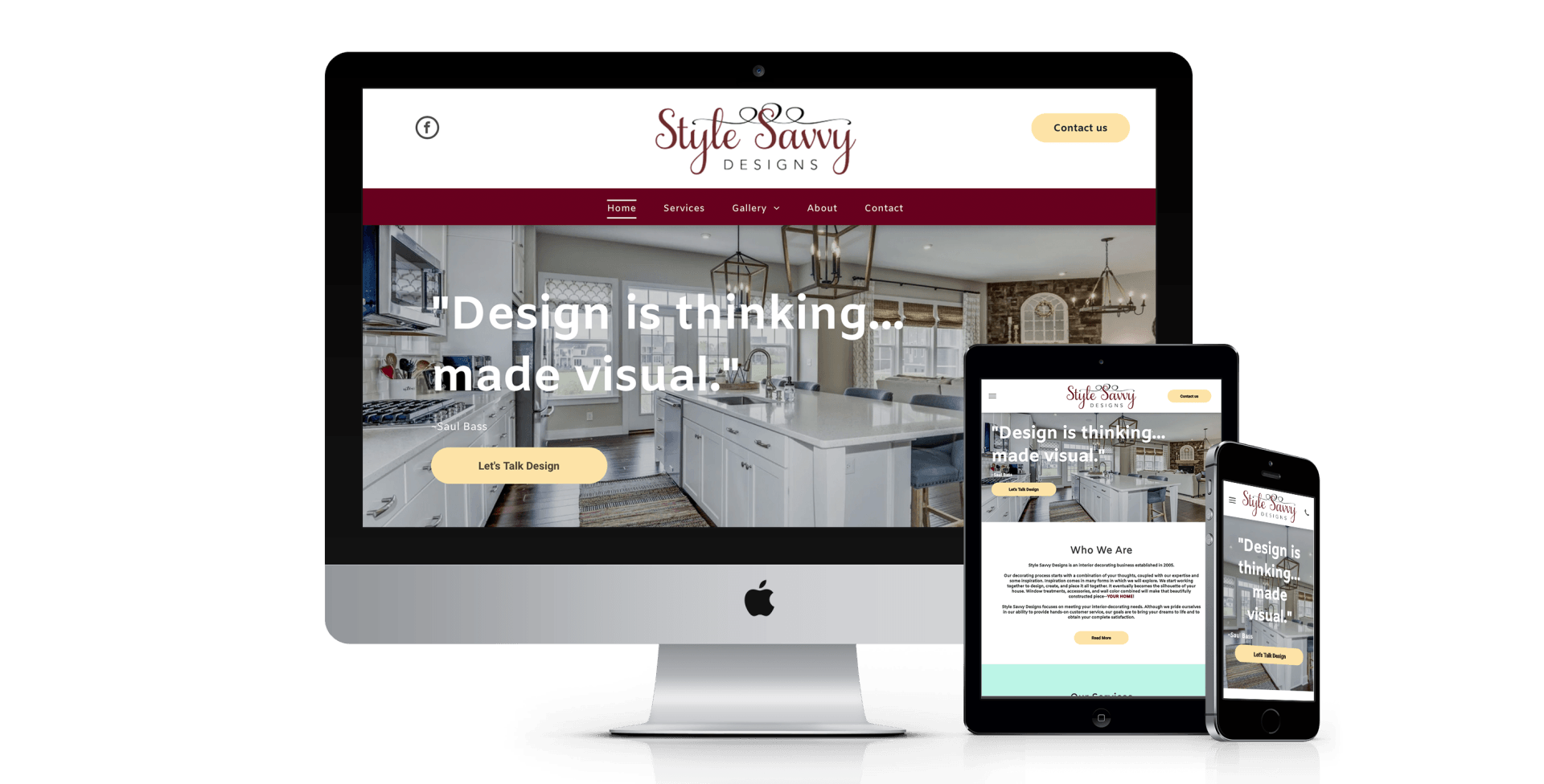 A computer , tablet , and cell phone are displaying a website.