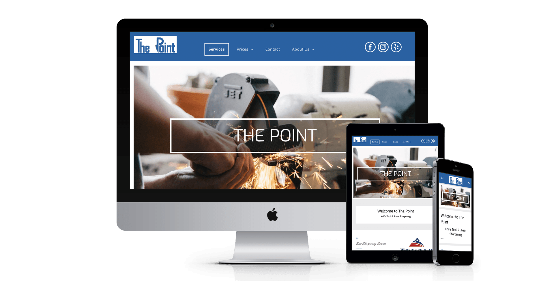 A computer , tablet , and cell phone are displaying a website called the point.