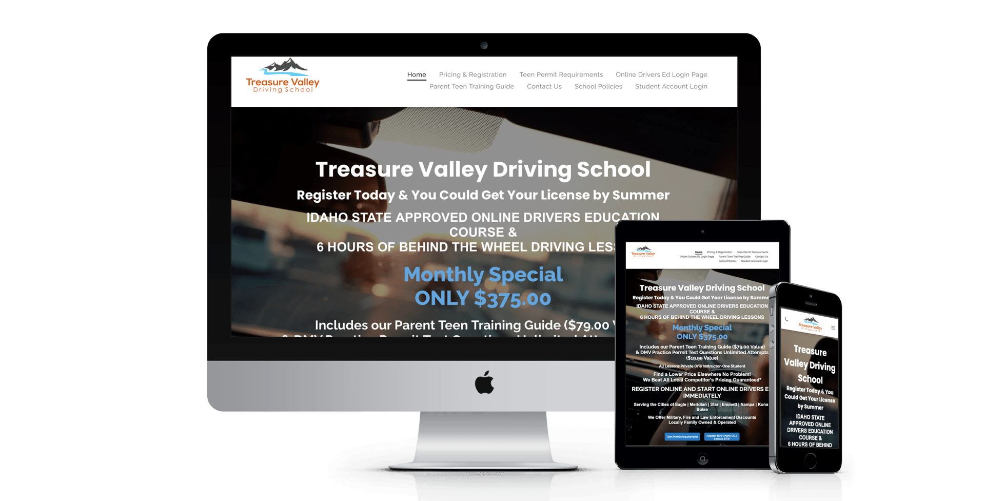 A computer , tablet , and cell phone are displaying a website for treasure valley driving school.