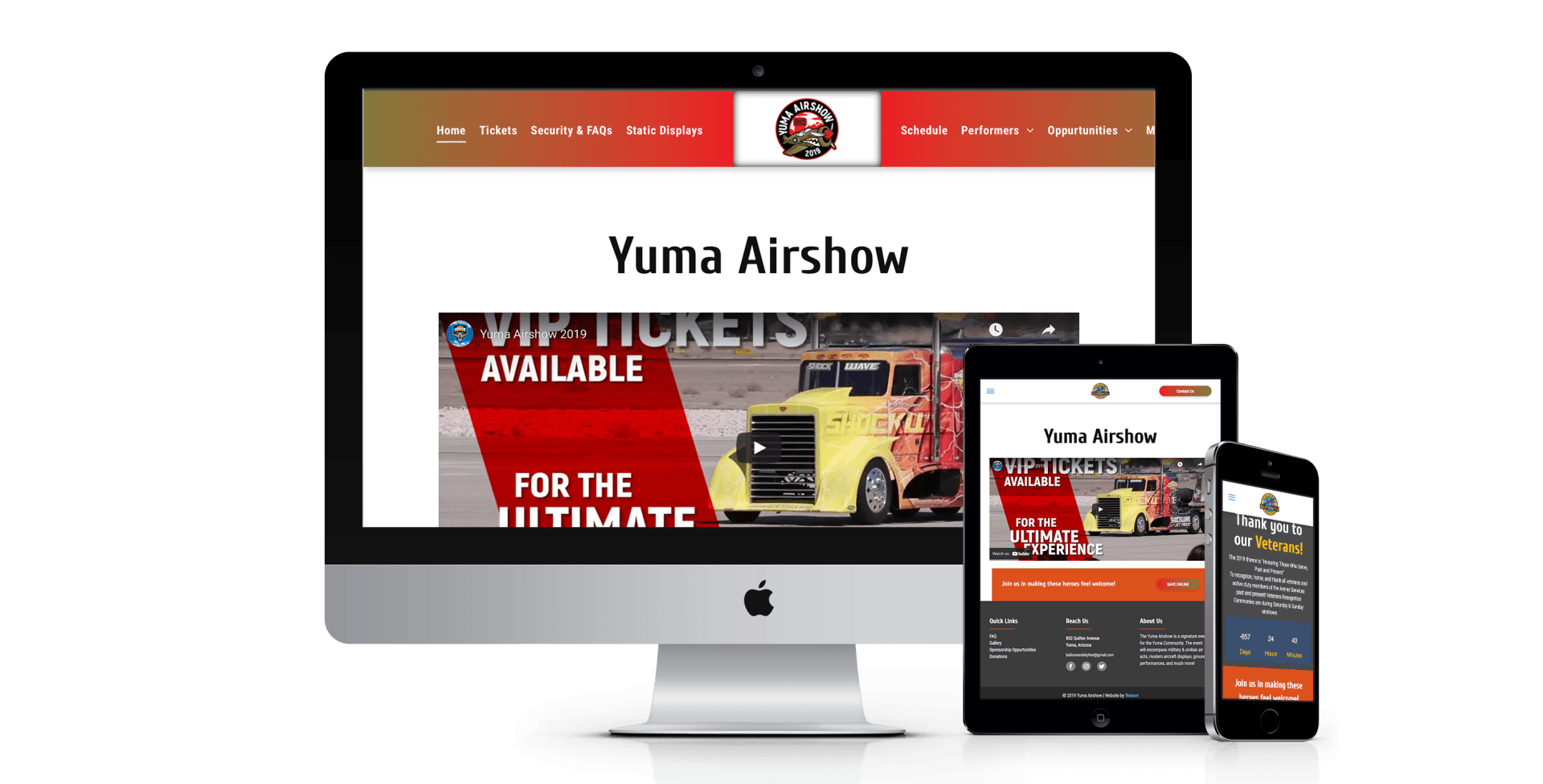 A computer , tablet , and cell phone are displaying a website for yuma airshow.