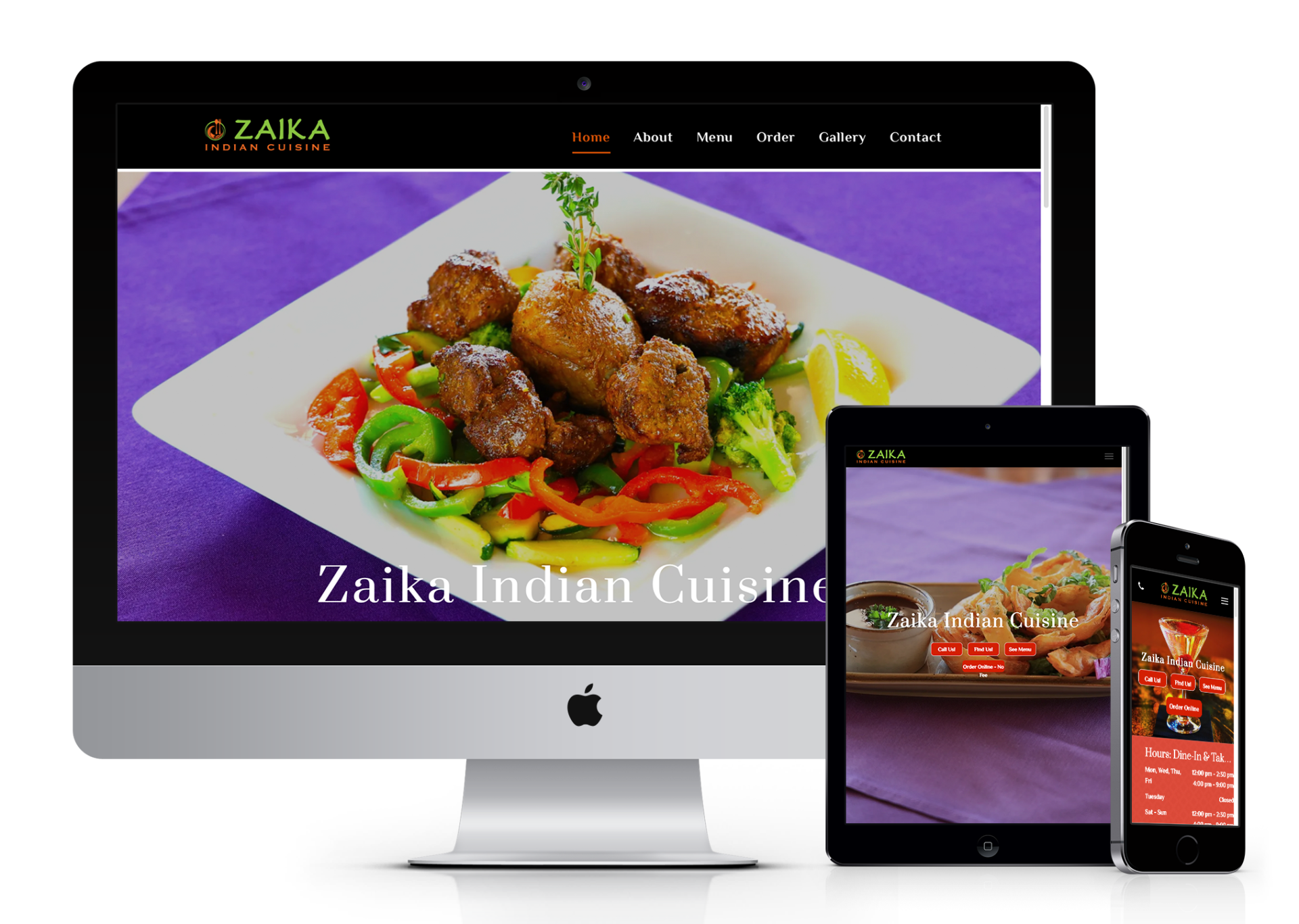 A computer monitor a tablet and a cell phone display a website for zuika indian cuisine