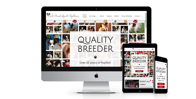 A computer , tablet , and cell phone are displaying a website called quality breeder.