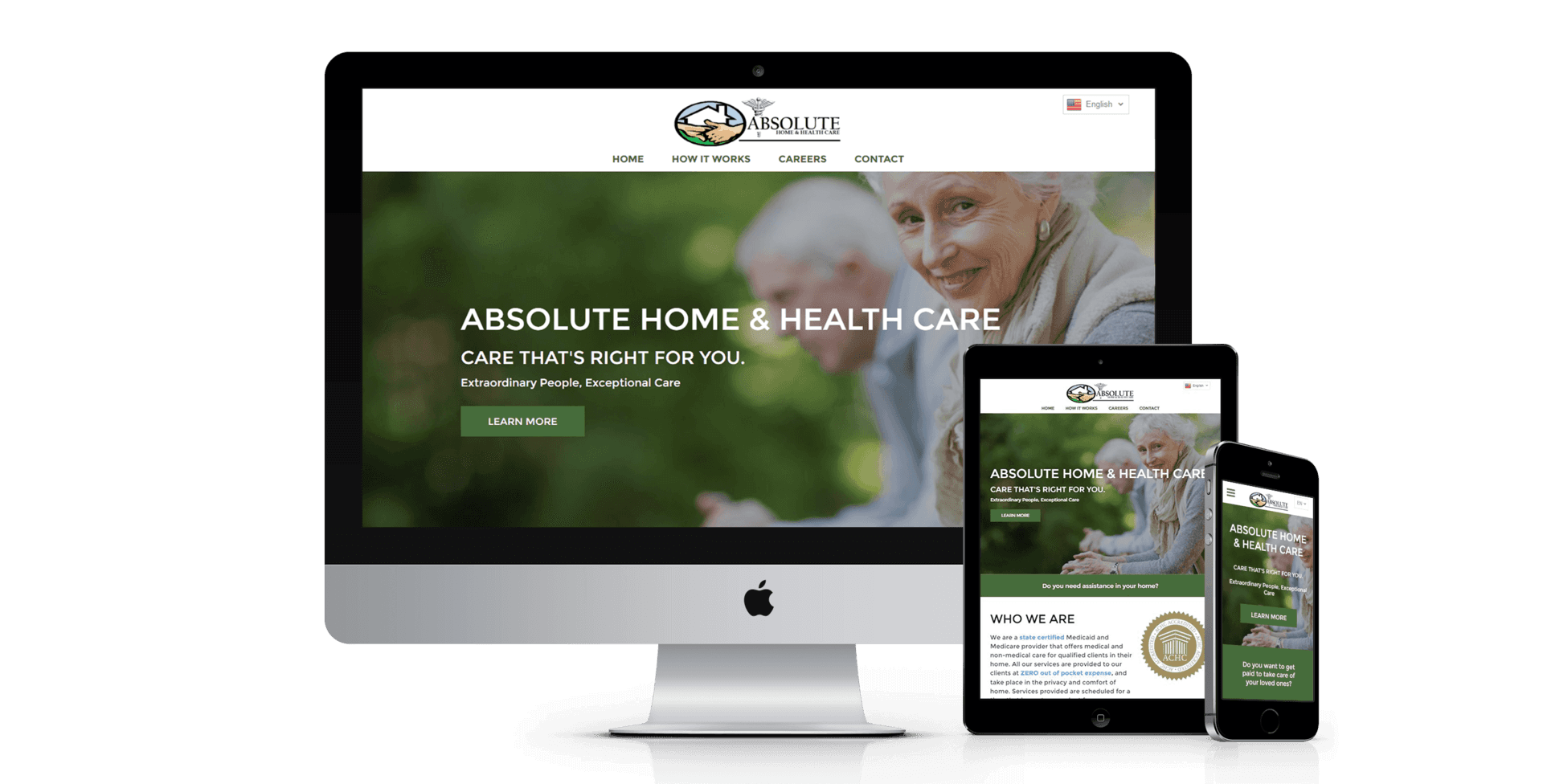 A computer , tablet , and cell phone are displaying a website for absolute home health care.