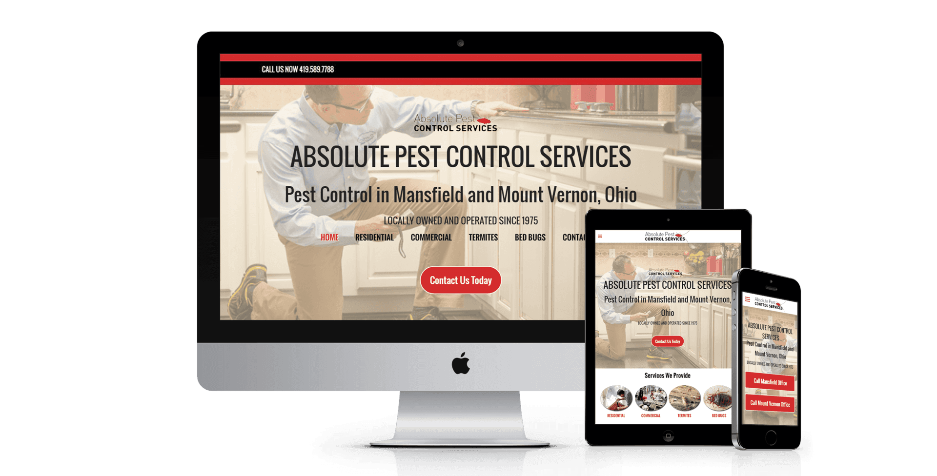 A computer , tablet , and cell phone are displaying a website for absolute pest control services.