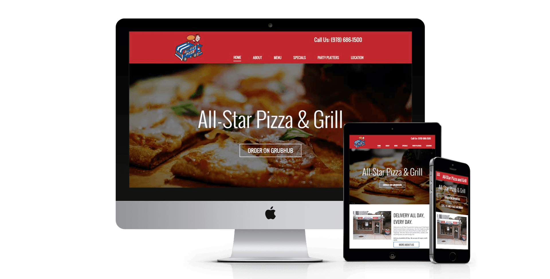 A computer , tablet , and cell phone are displaying a website for all star pizza and grill.
