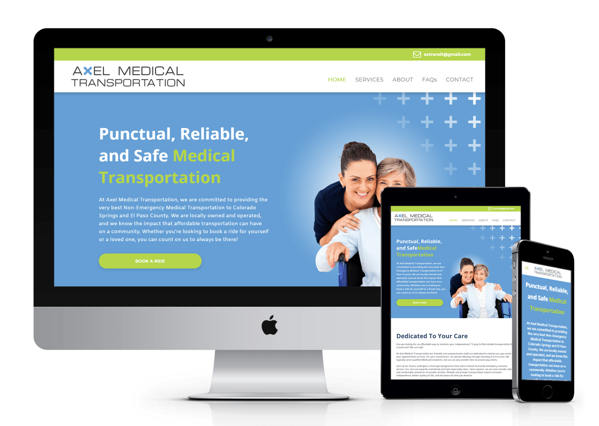 A computer , tablet , and phone are displaying a website for punctual , reliable , and safe medical transportation.
