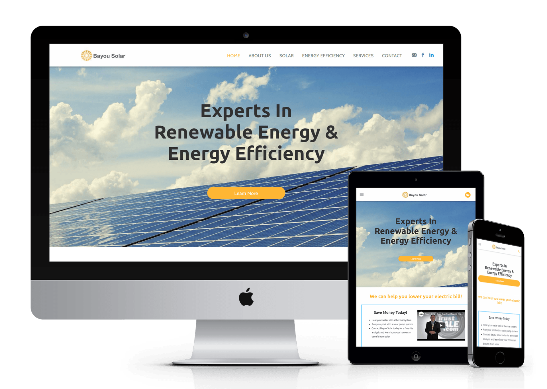 A computer , tablet , and cell phone displaying a website for experts in renewable energy and energy efficiency.