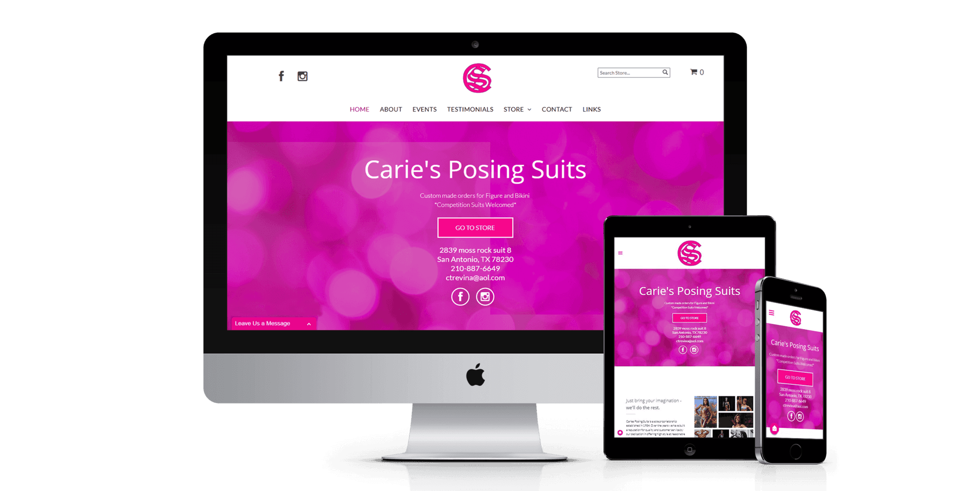 A computer , tablet , and cell phone are displaying a pink website.