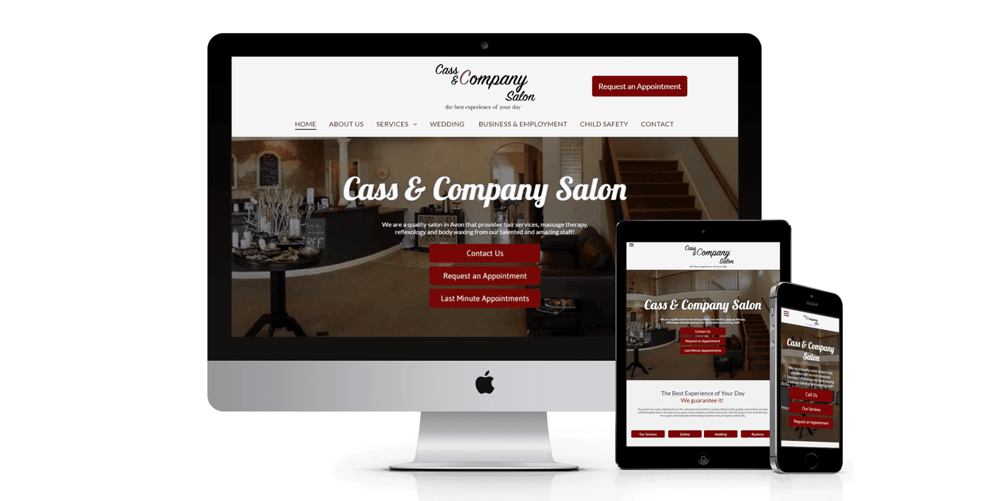 A computer , tablet , and cell phone are displaying a website for a class and company salon.