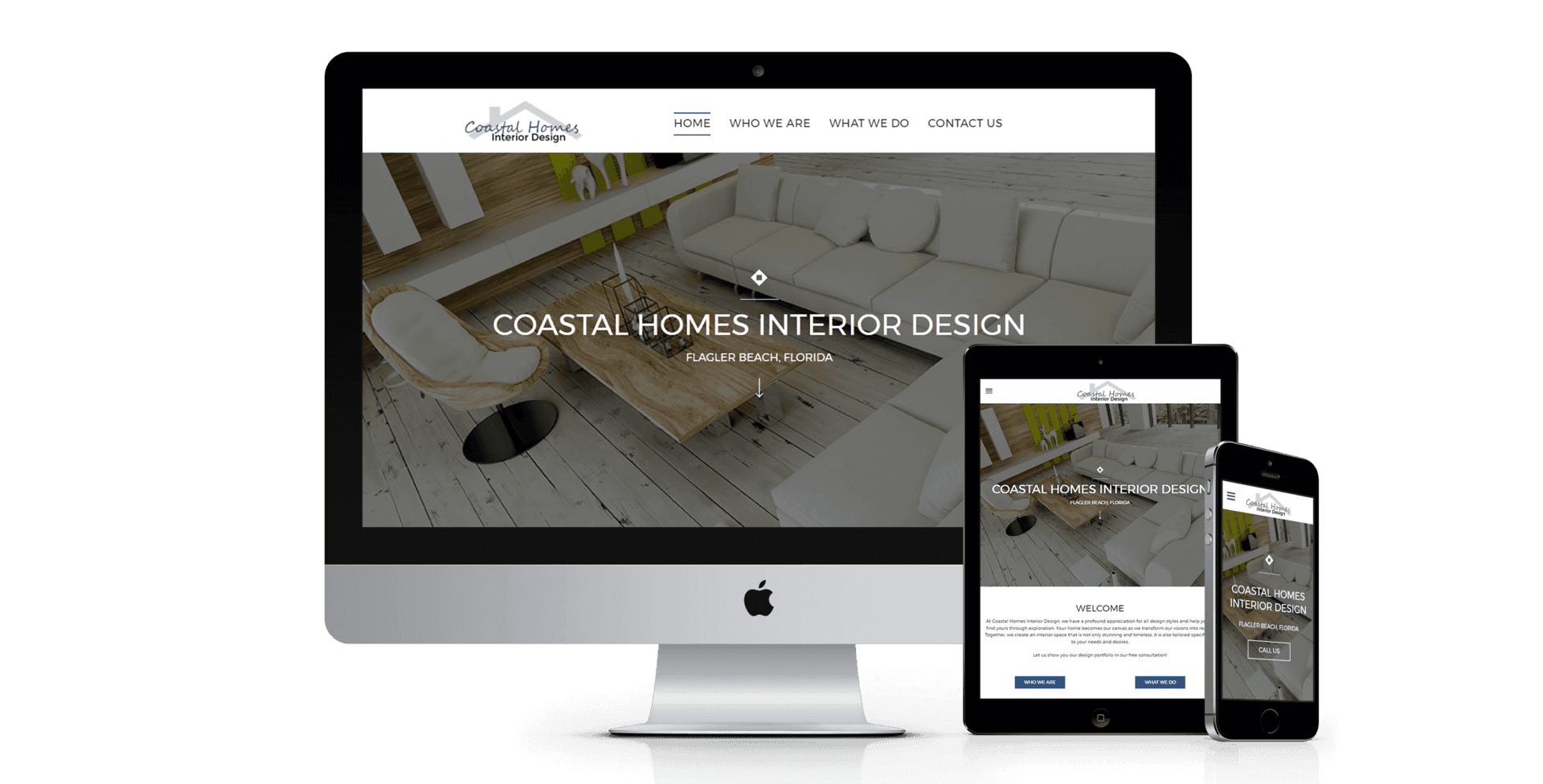 A computer , tablet , and cell phone are displaying a website for coastal homes interior design.