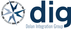 The logo for dolan integration group has a compass on it.