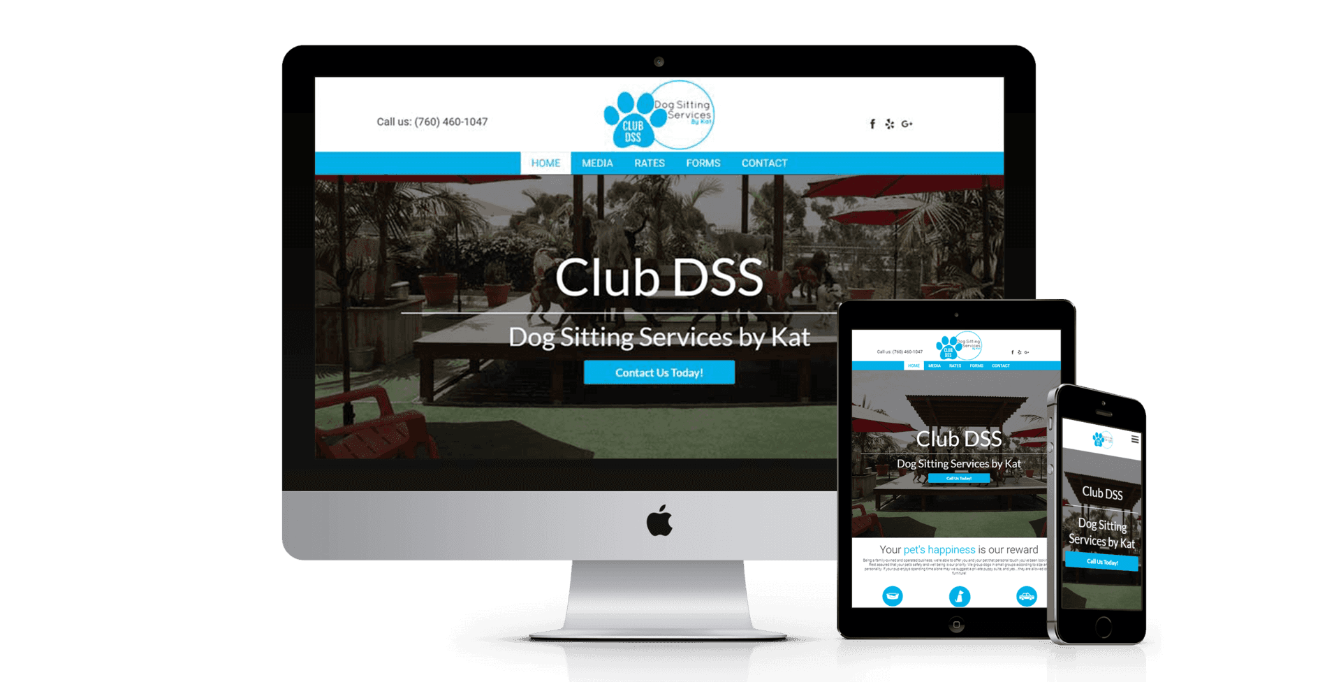 A computer , tablet , and cell phone are displaying the club dss website.