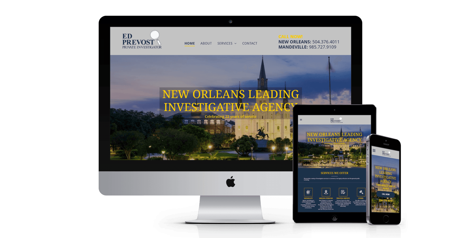 A computer monitor a tablet and a cell phone are displaying a new orleans leading investigative agency website.